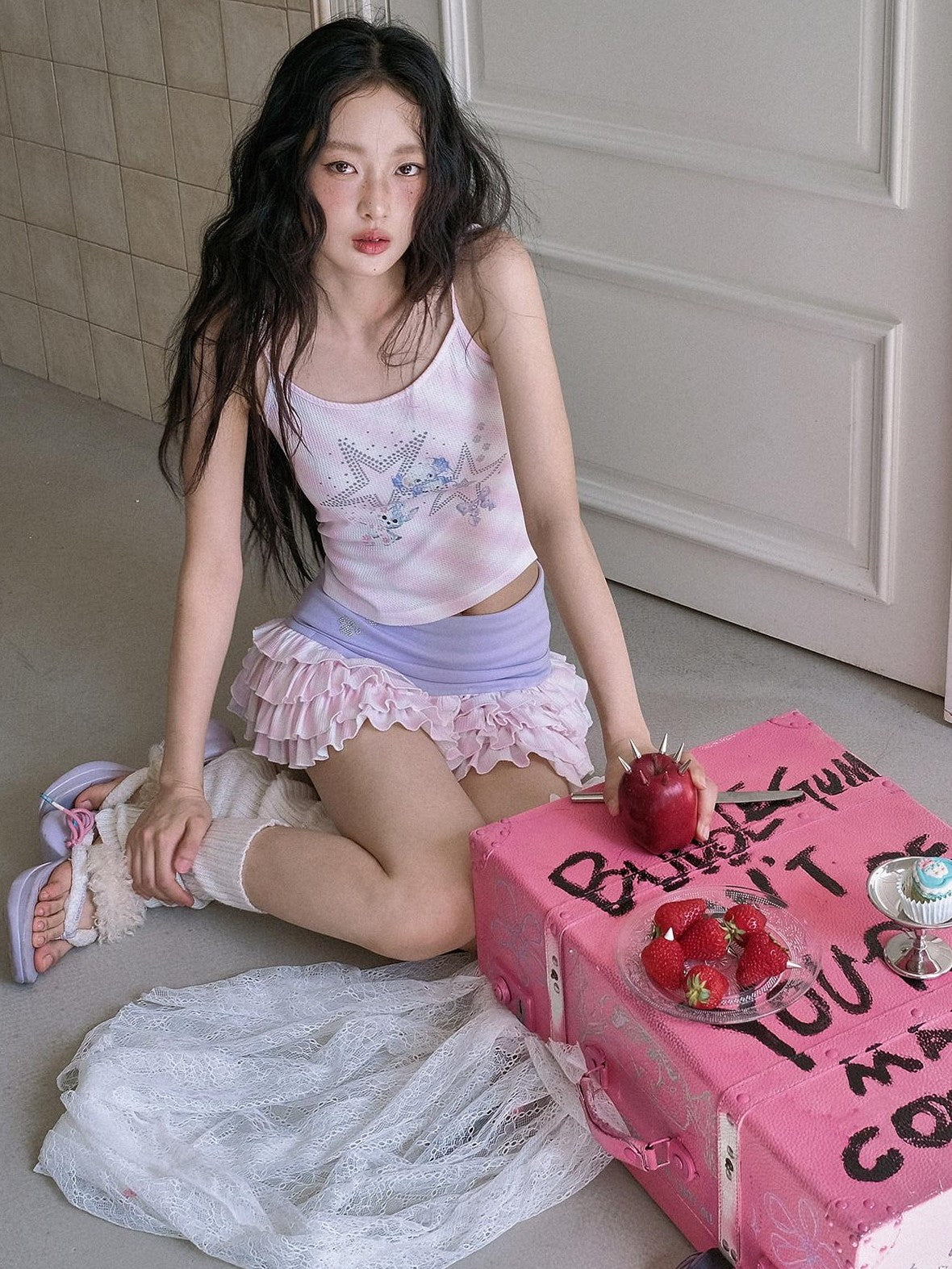 No nuts Pink Striped Hooded Devil Ear Print Vest Cake Skirt Women's Matching Skirt Sets