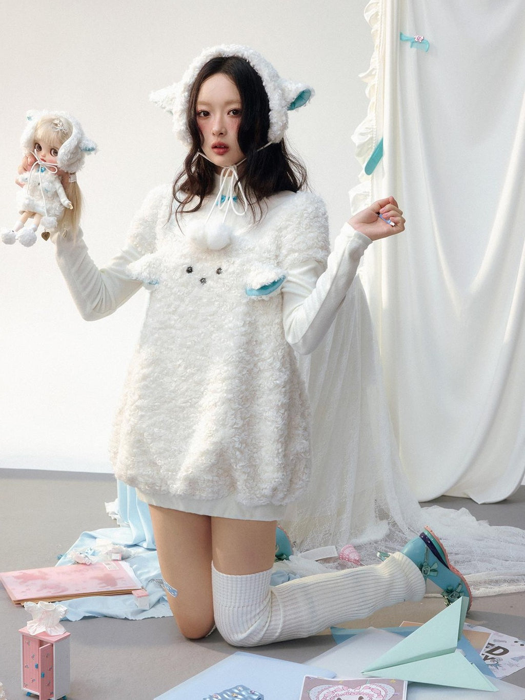 No nuts Plush Sheep Ear Windproof Warm Sewn Women's Accessories