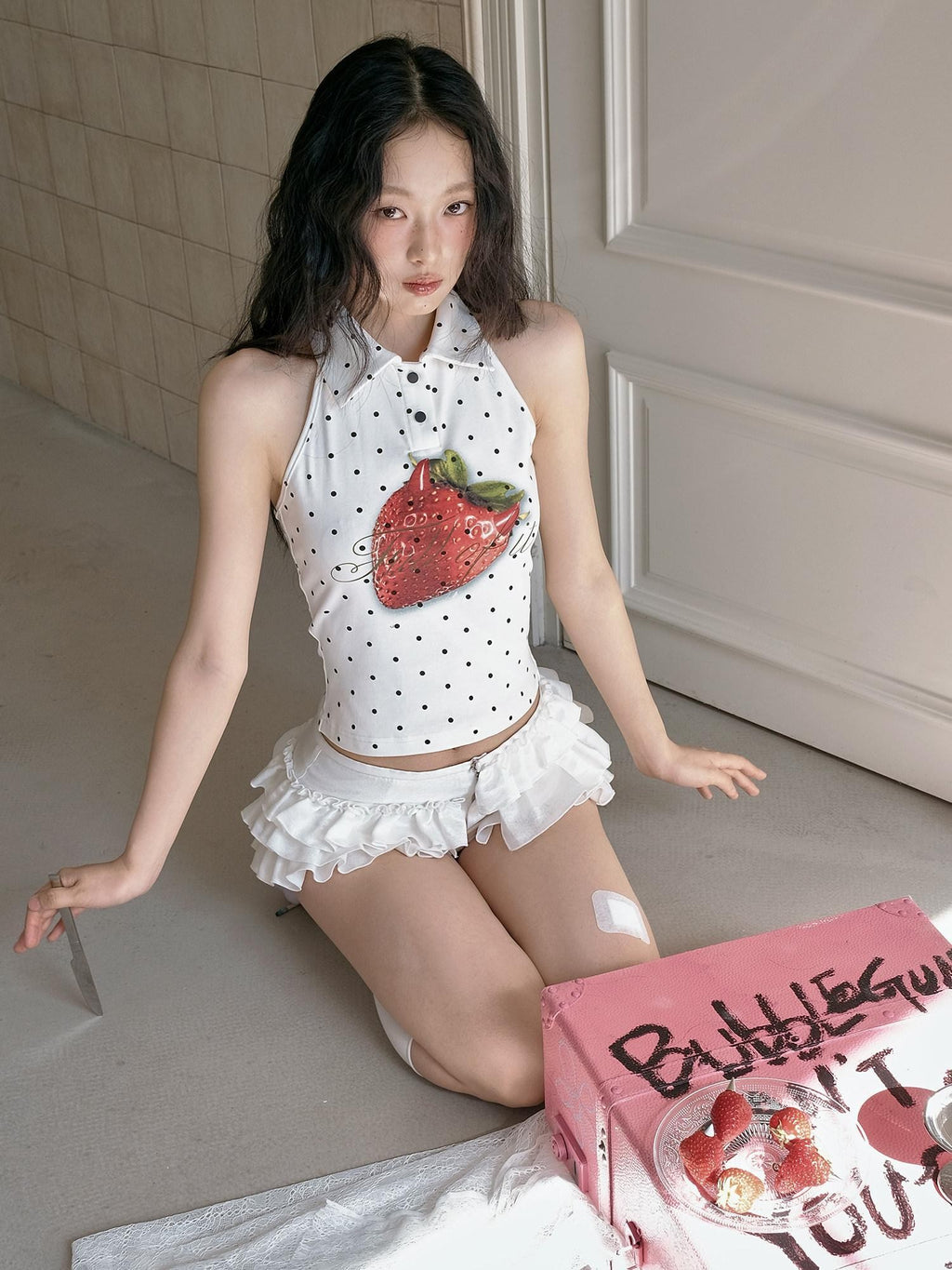 No nuts Polka Dot Strawberry Print Backless Devil Horn Women's Cotton Halter Tops
