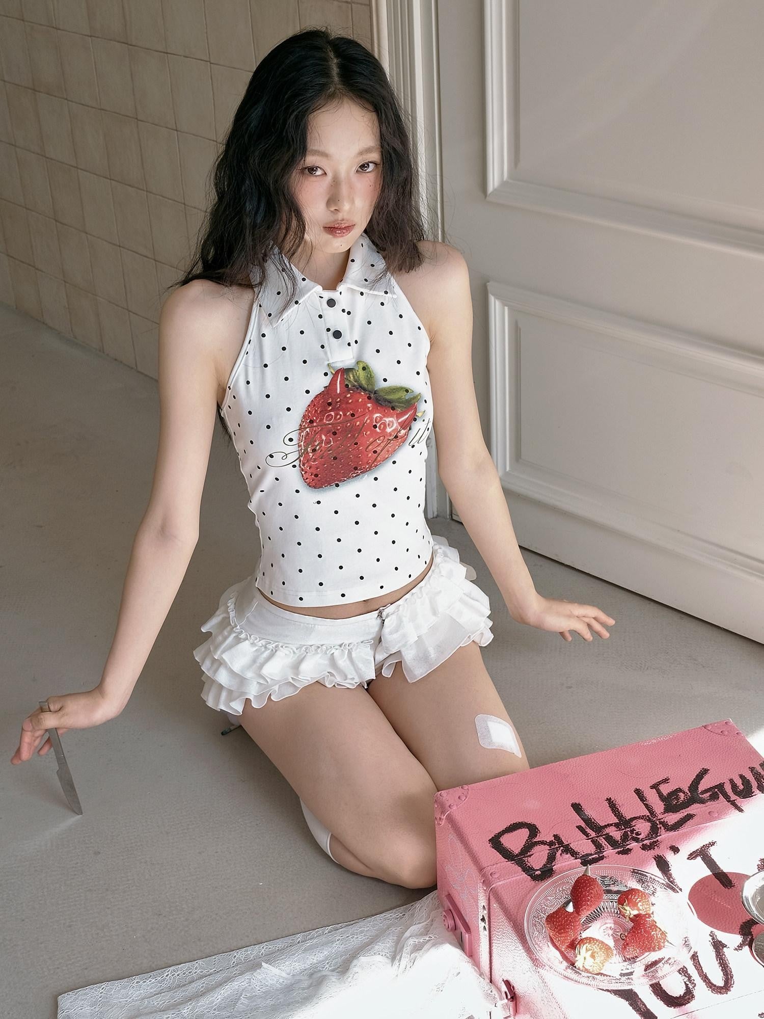 No nuts Polka Dot Strawberry Print Backless Devil Horn Women's Cotton Halter Tops