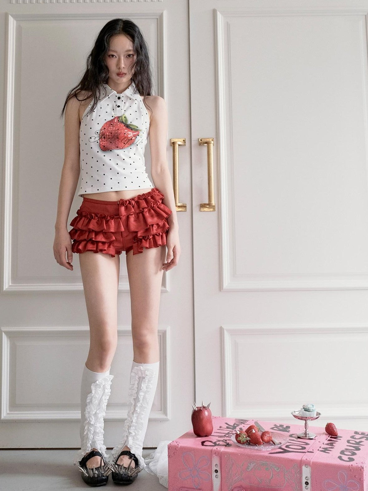 No nuts Polka Dot Strawberry Print Backless Devil Horn Women's Cotton Halter Tops