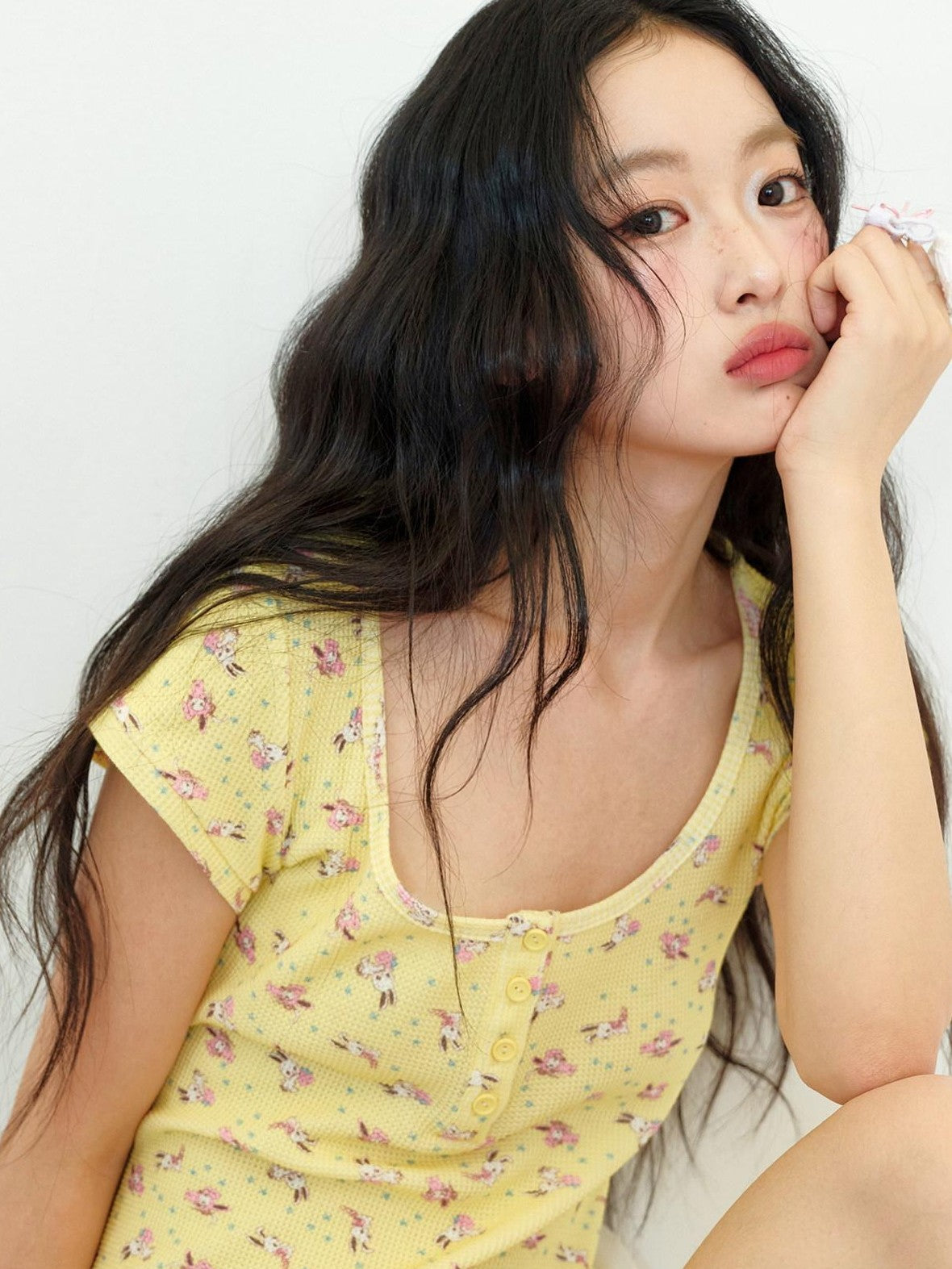 No nuts Rabbit Floral Waffle Knit Spliced Women's Cotton Casual Top & Shorts Sets