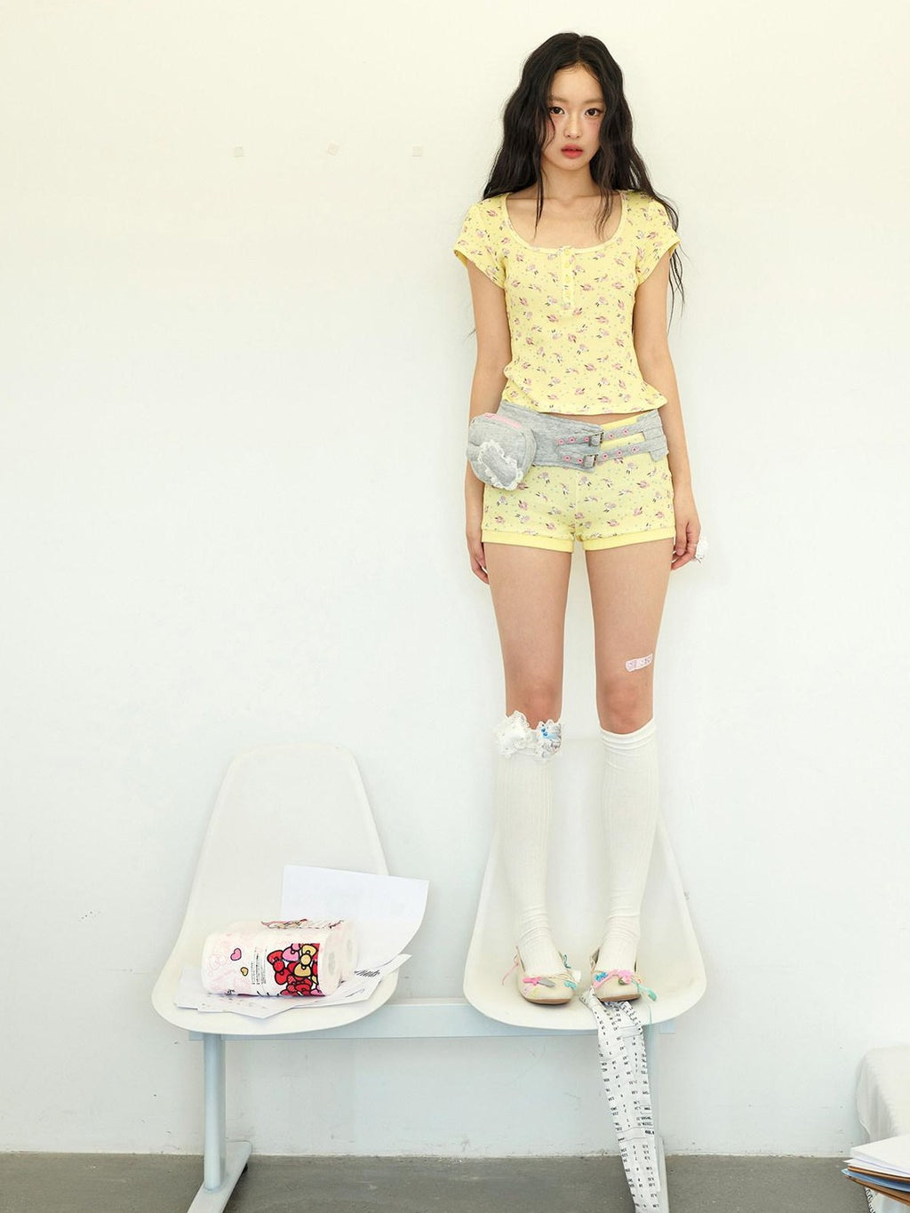 No nuts Rabbit Floral Waffle Knit Spliced Women's Cotton Casual Top & Shorts Sets