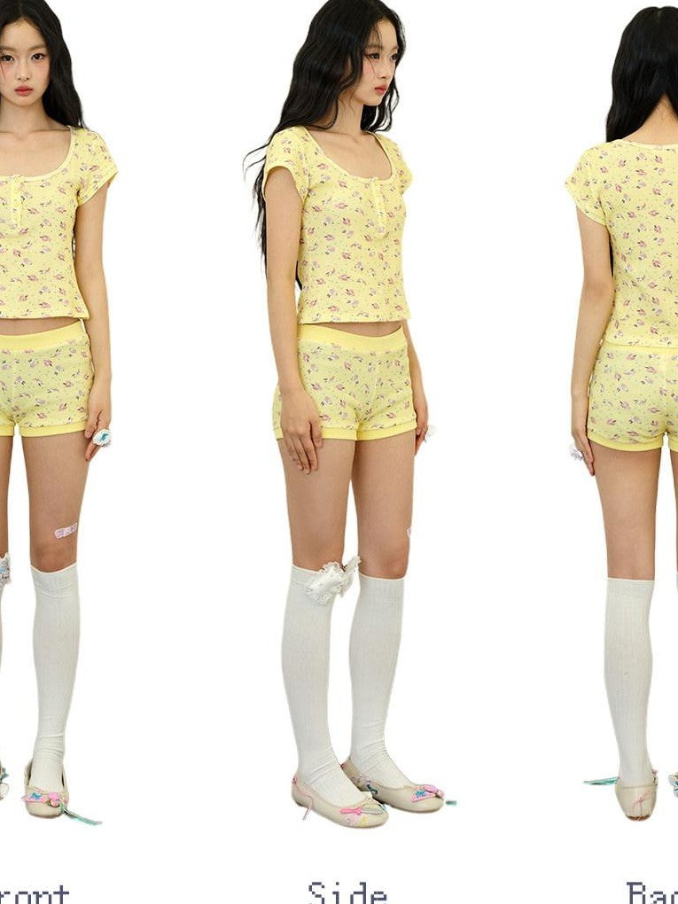 No nuts Rabbit Floral Waffle Knit Spliced Women's Cotton Casual Top & Shorts Sets