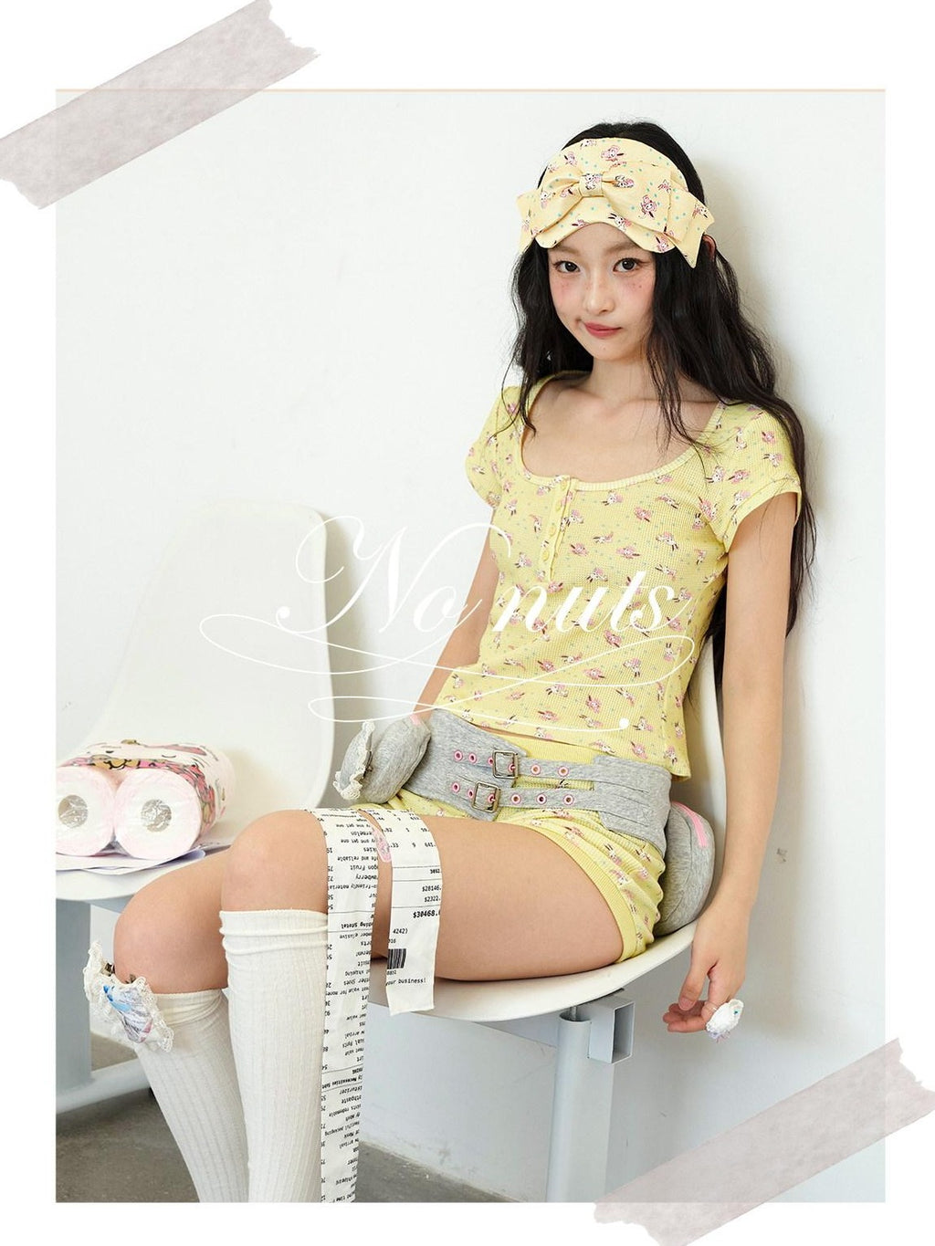 No nuts Rabbit Floral Waffle Knit Spliced Women's Cotton Casual Top & Shorts Sets