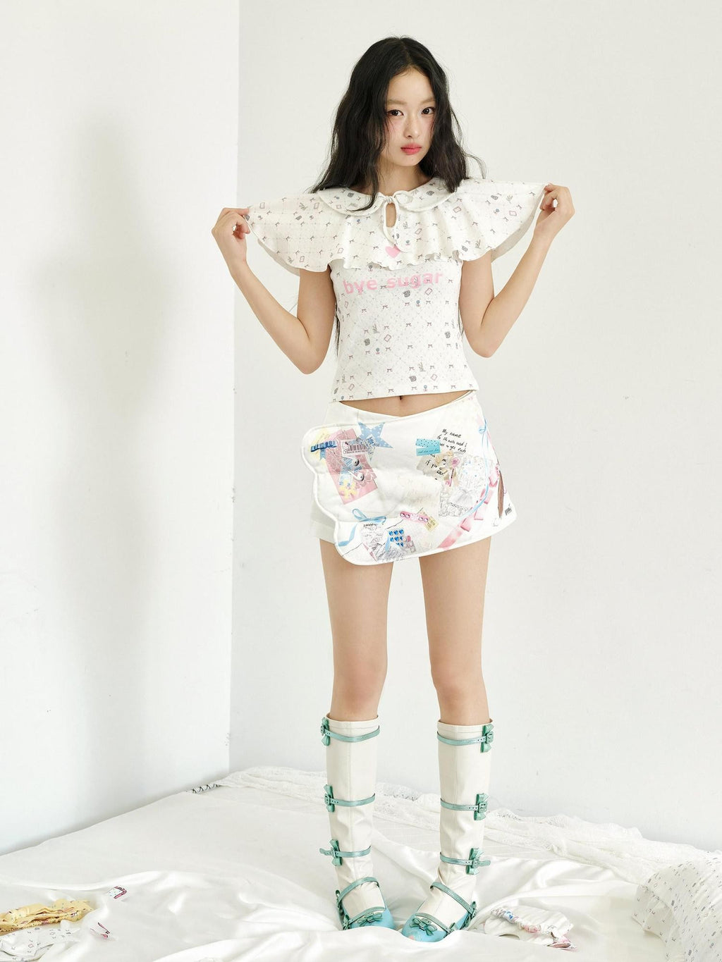 No nuts Rabbit Gingham Print Doll Collar Fake Layer Knit Slim Women's Cotton Crop Tops