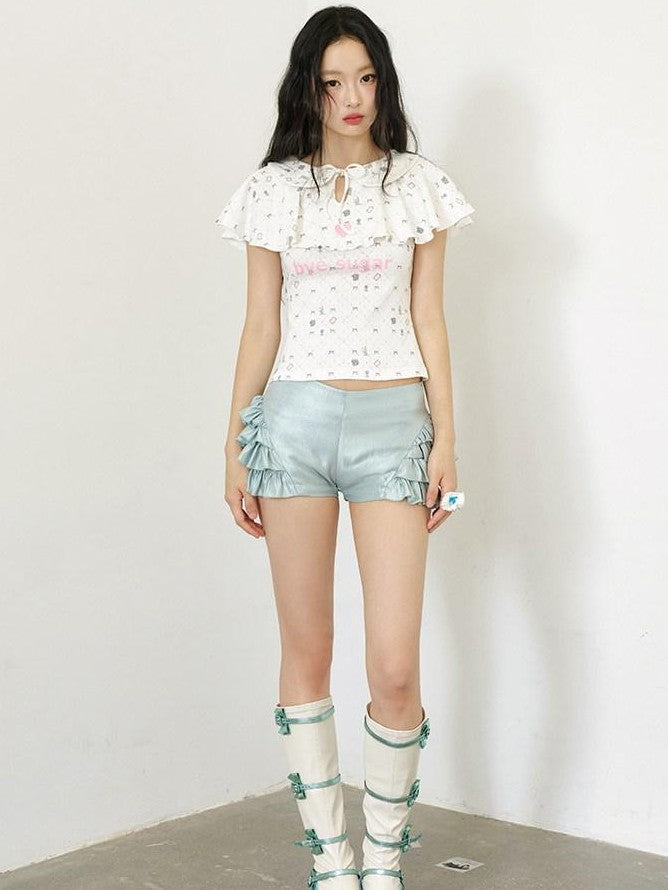 No nuts Rabbit Gingham Print Doll Collar Fake Layer Knit Slim Women's Cotton Crop Tops