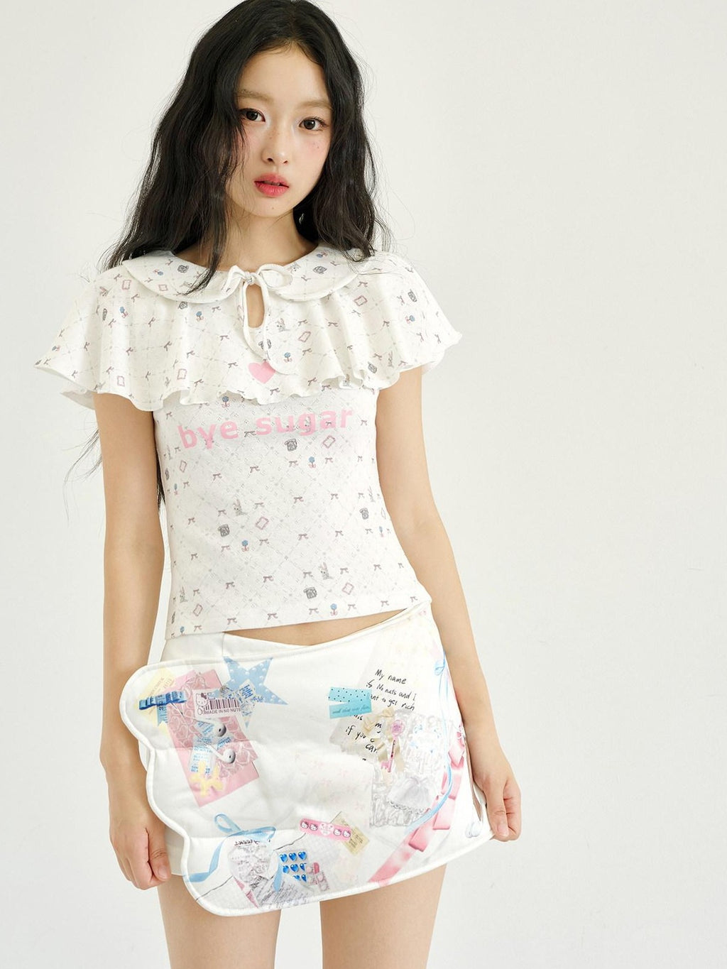 No nuts Rabbit Gingham Print Doll Collar Fake Layer Knit Slim Women's Cotton Crop Tops