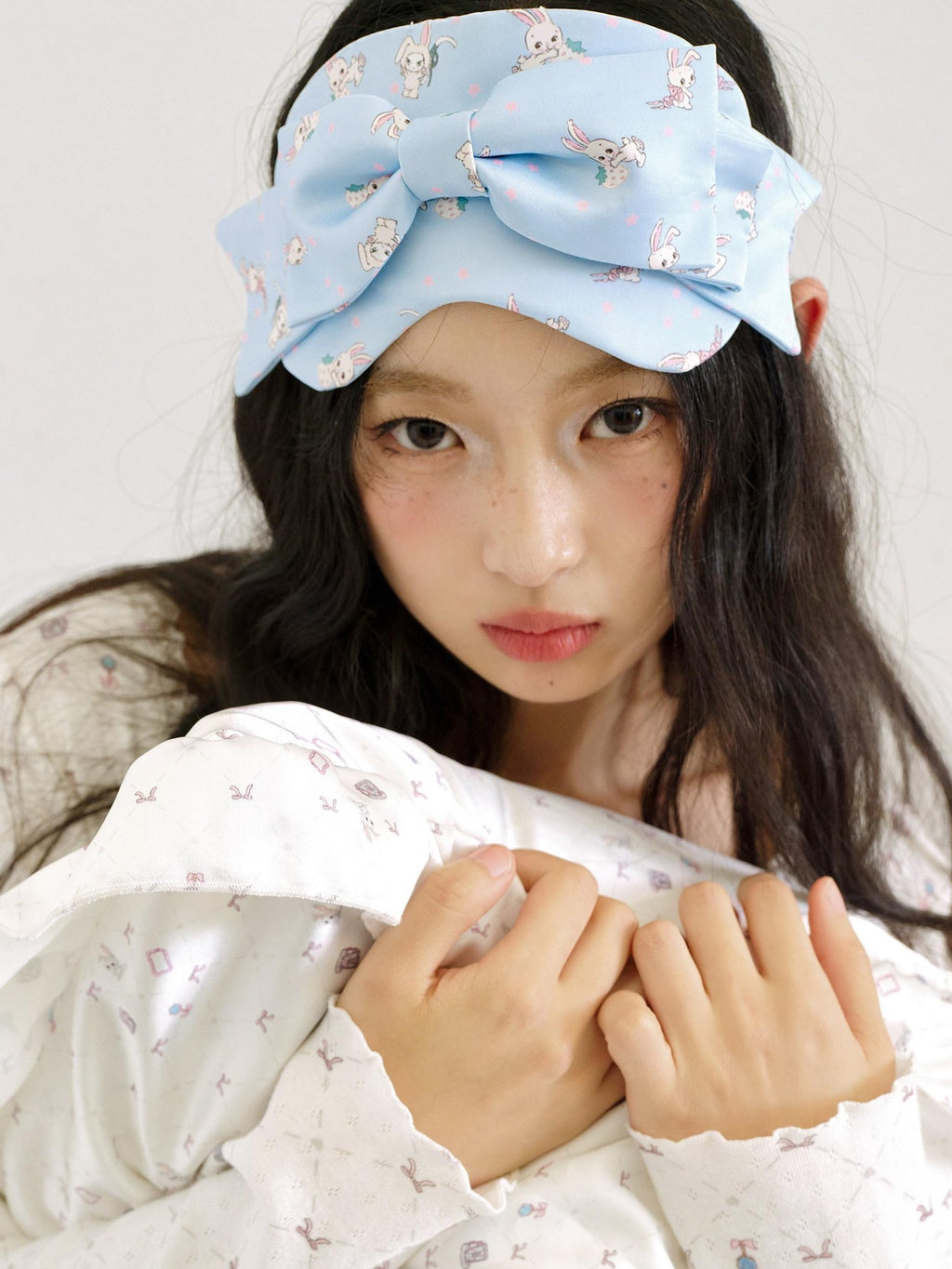No nuts Rabbit Print 3d Bow Eye Mask Elastic Band Women's Satin Headbands