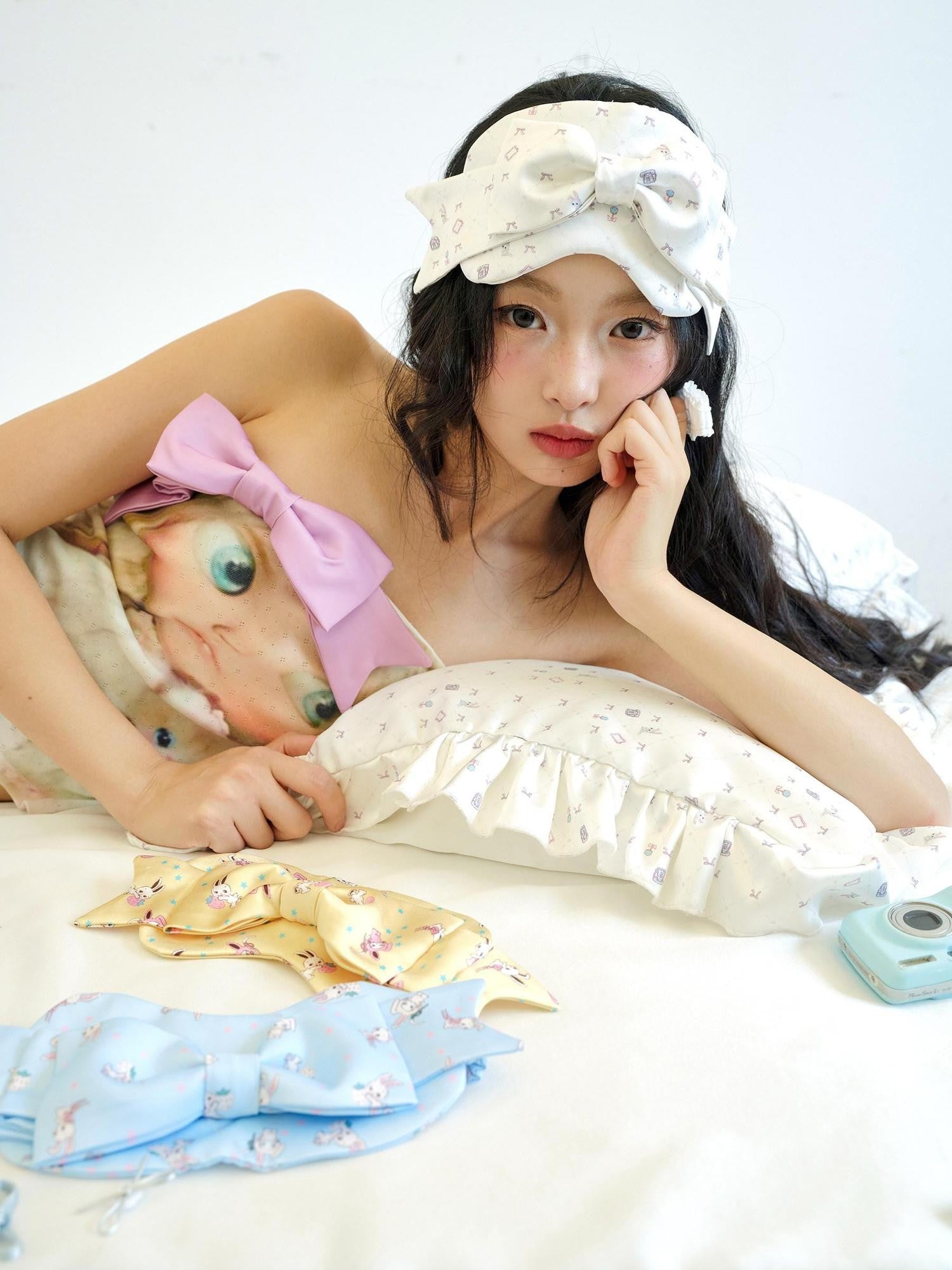 No nuts Rabbit Print 3d Bow Eye Mask Elastic Band Women's Satin Headbands