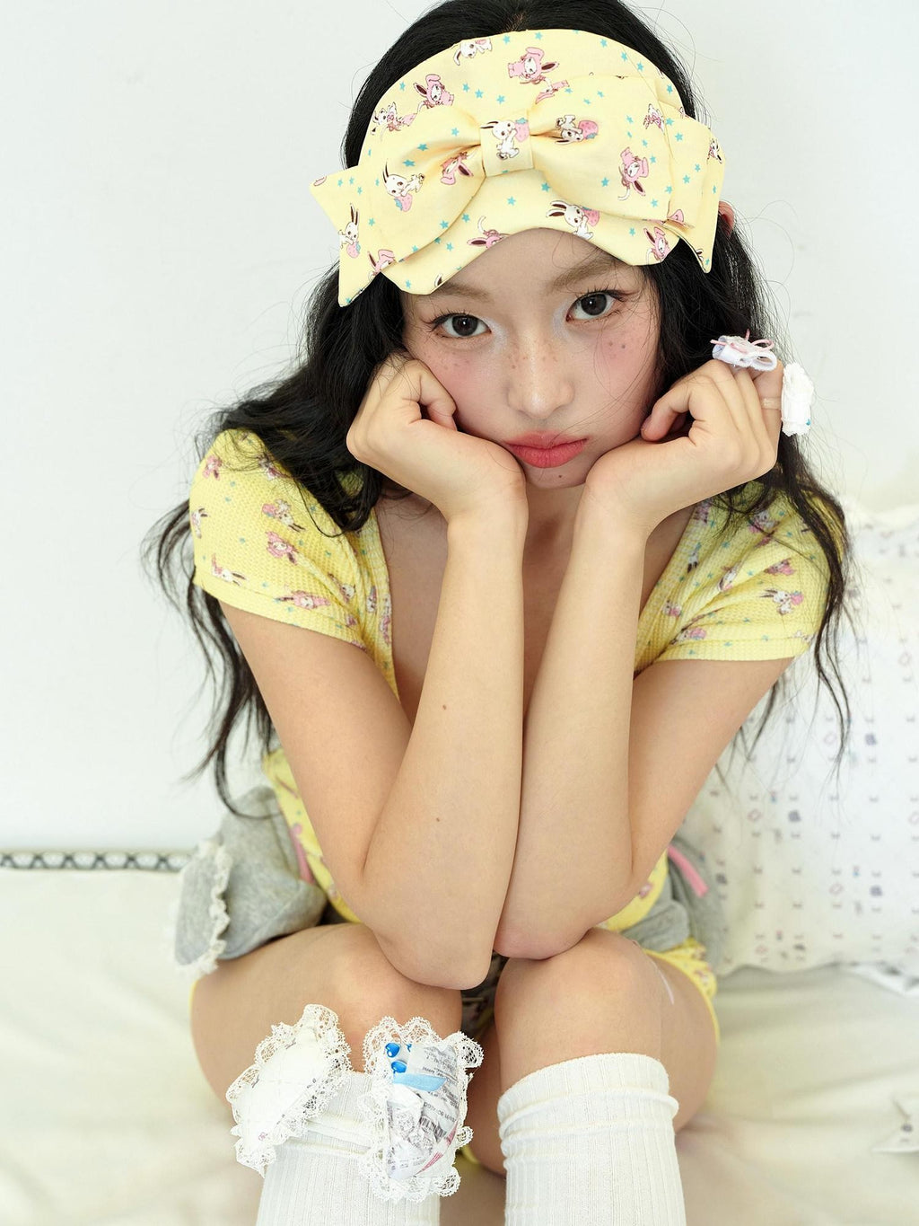 No nuts Rabbit Print 3d Bow Eye Mask Elastic Band Women's Satin Headbands