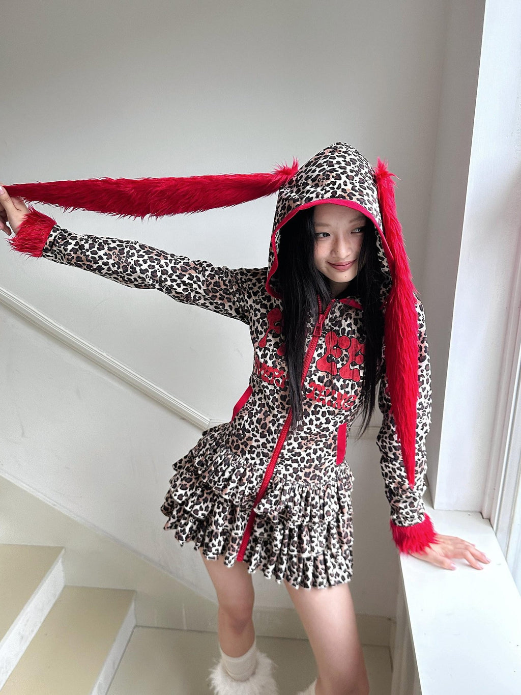 No nuts Red Leopard Patchwork Plush Rabbit Ears Printed Women's Wool Casual Mini Dresses