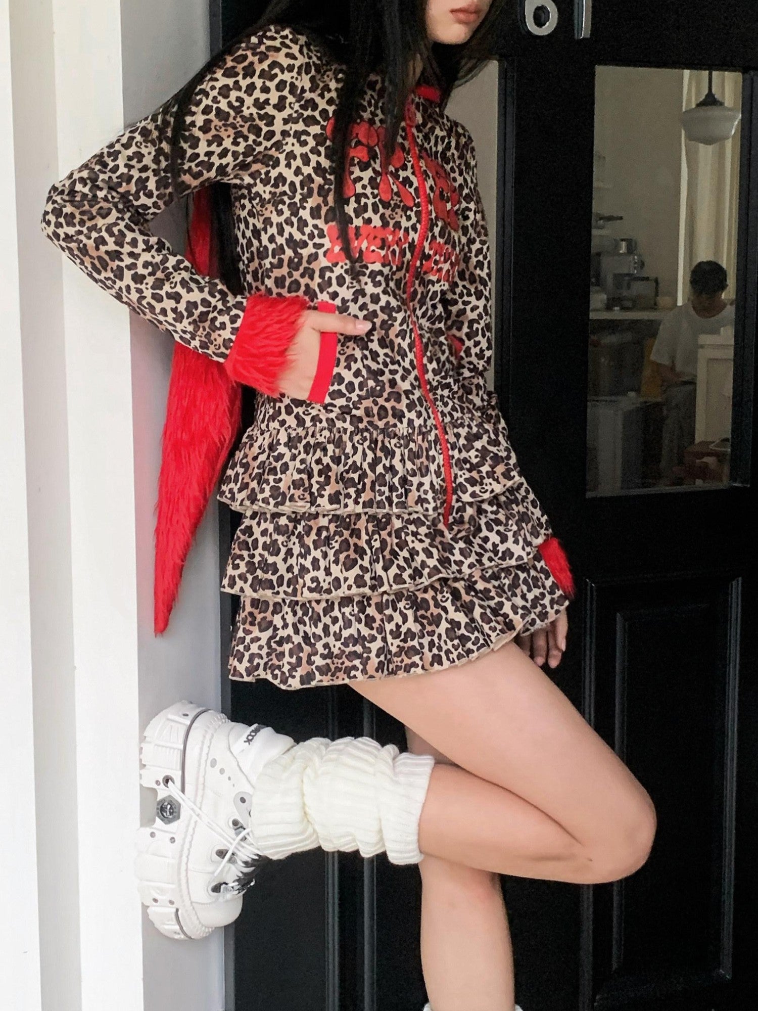 No nuts Red Leopard Patchwork Plush Rabbit Ears Printed Women's Wool Casual Mini Dresses