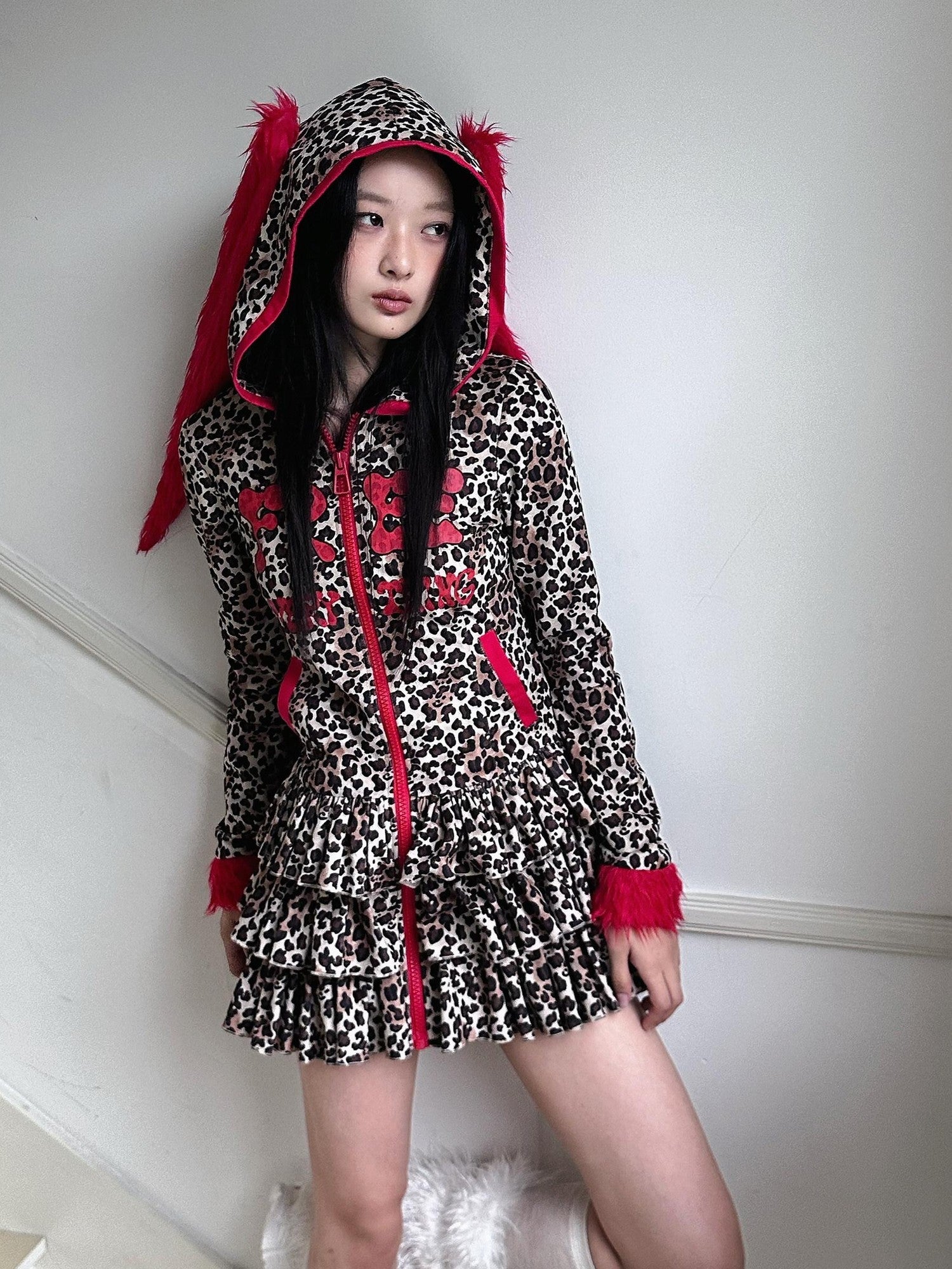 No nuts Red Leopard Patchwork Plush Rabbit Ears Printed Women's Wool Casual Mini Dresses