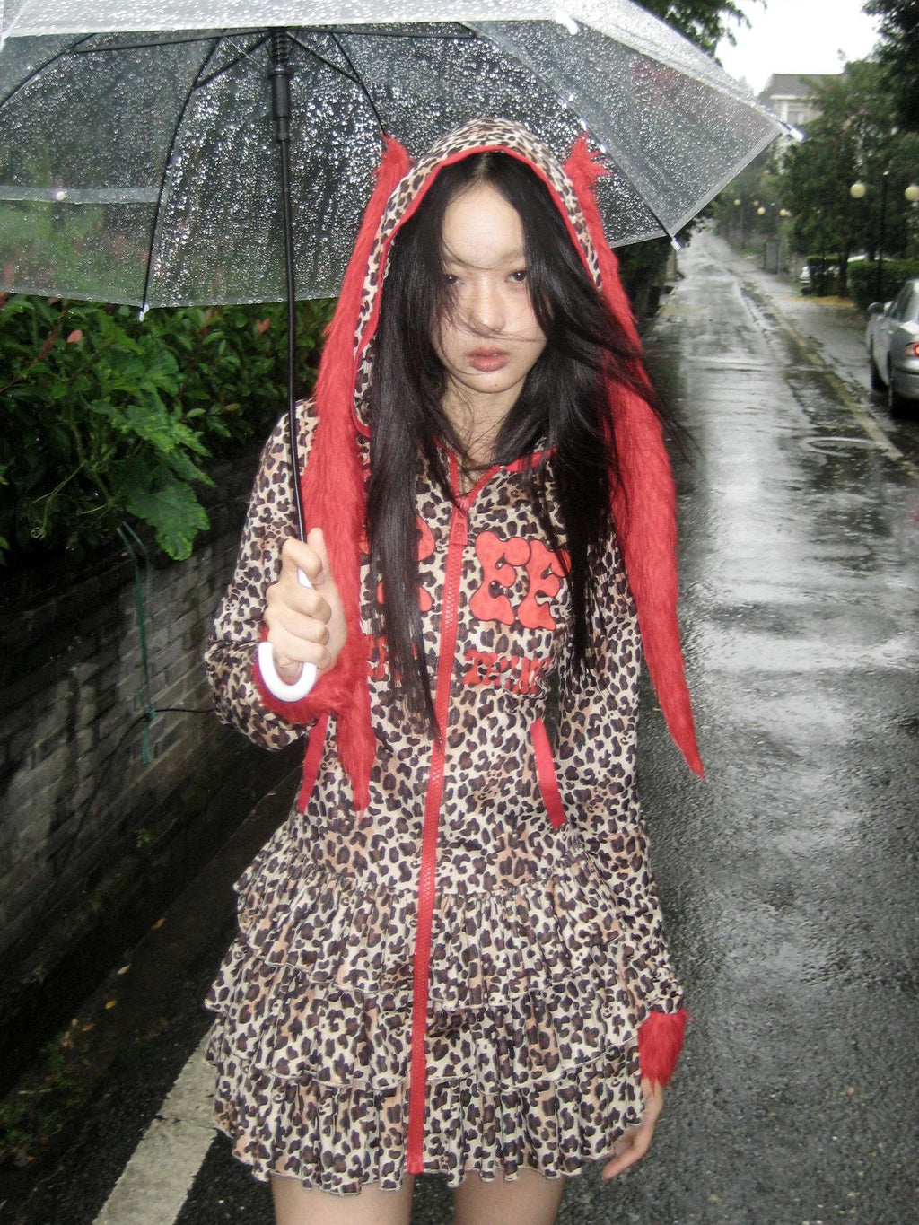 No nuts Red Leopard Patchwork Plush Rabbit Ears Printed Women's Wool Casual Mini Dresses