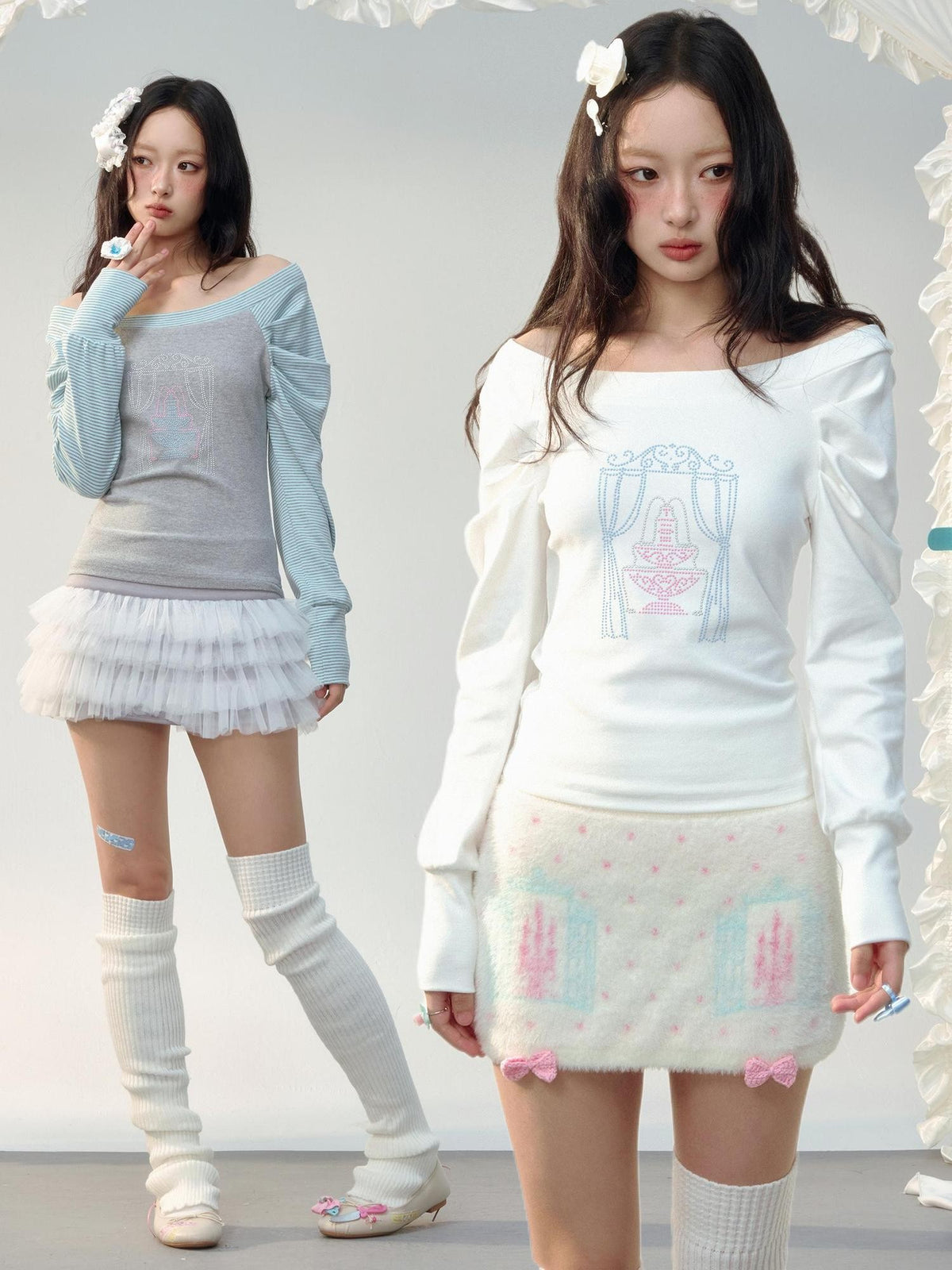 No nuts Rhinestone Contrast Color One Shoulder Brushed Women's Cotton Long Sleeve T-shirts