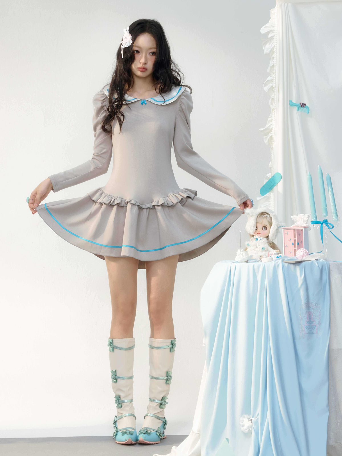 No_nuts_Satin_Sailor_Collar_Ruffle_Puff_Sleeve_Cinched_Waist_Women's_Casual_Mini_Dresses_1089090159206_MISSTT