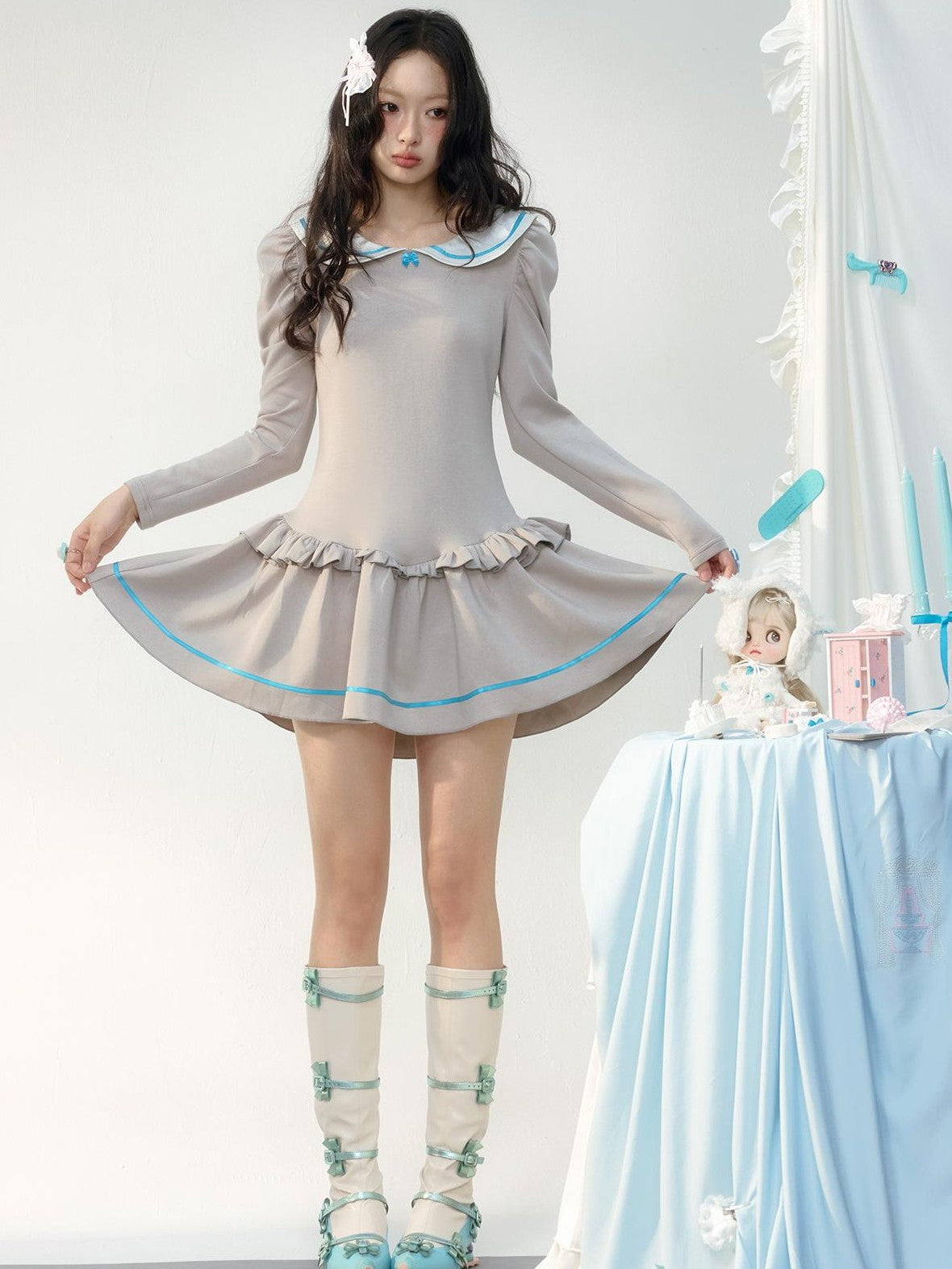No nuts Satin Sailor Collar Ruffle Puff Sleeve Cinched Waist Women's Casual Mini Dresses