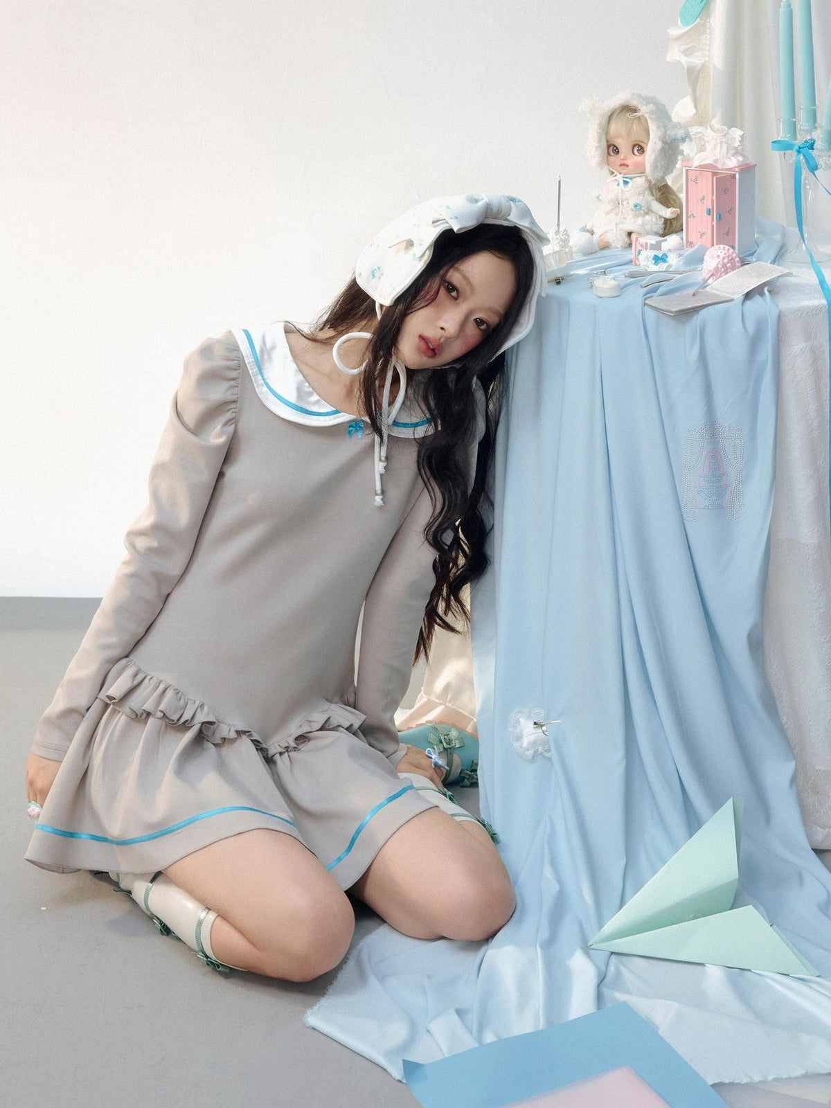 No nuts Satin Sailor Collar Ruffle Puff Sleeve Cinched Waist Women's Casual Mini Dresses