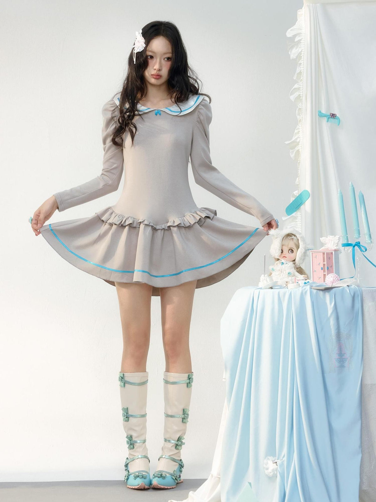 No nuts Satin Sailor Collar Ruffle Puff Sleeve Cinched Waist Women's Casual Mini Dresses