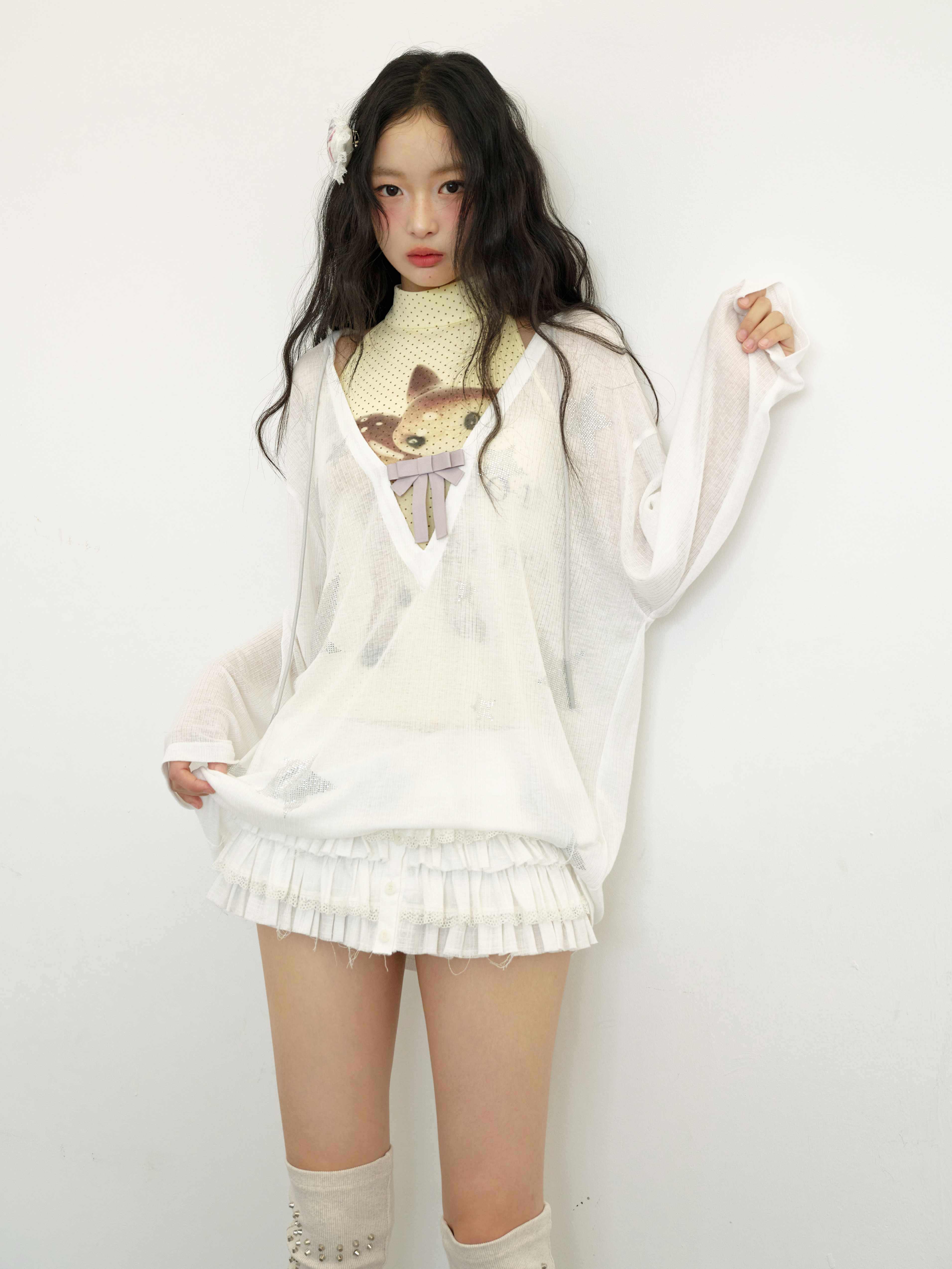 No_nuts_Star_Rhinestone_V-neck_Bow_Mesh_Loose_Women's_Cotton_Blend_Long_Sleeve_T-shirts_1048352395523_MISSTT