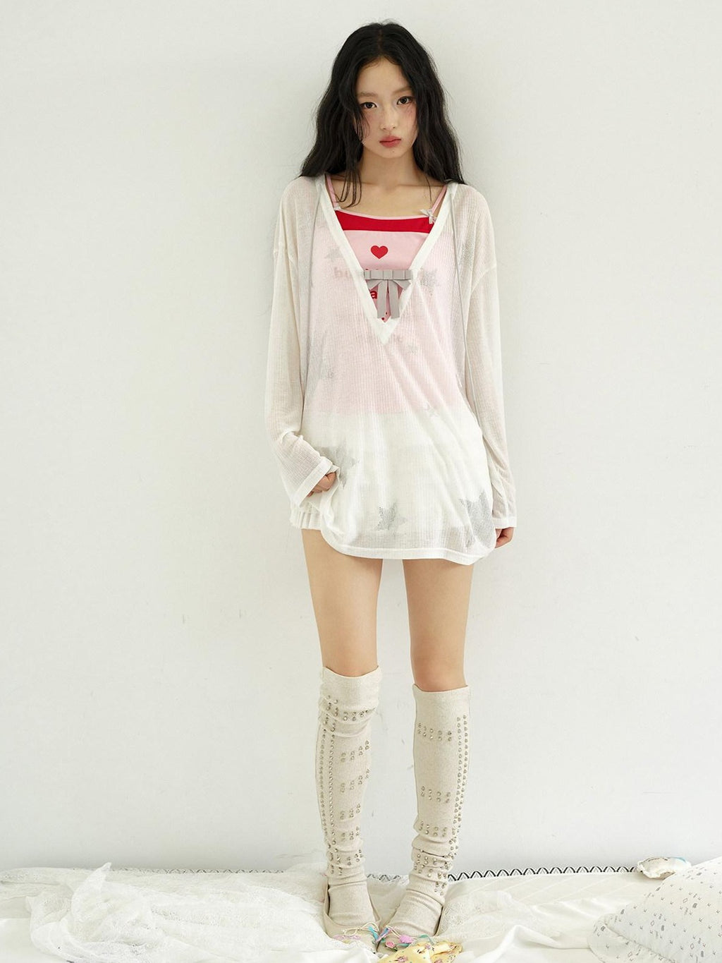 No nuts Star Rhinestone V-neck Bow Mesh Loose Women's Cotton Blend Long Sleeve T-shirts
