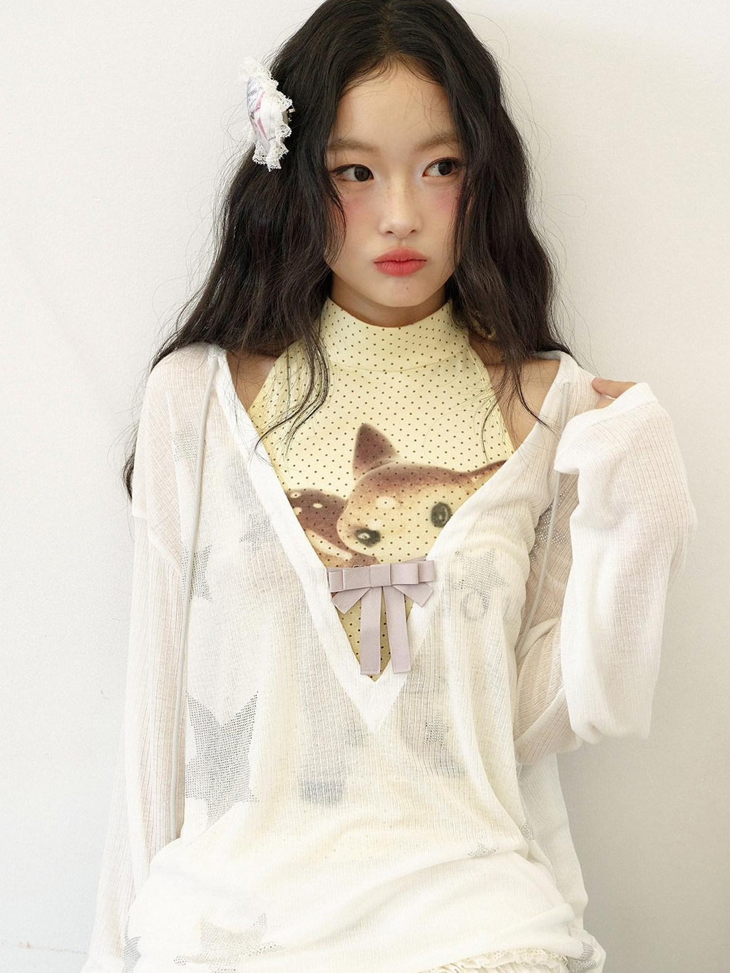 No nuts Star Rhinestone V-neck Bow Mesh Loose Women's Cotton Blend Long Sleeve T-shirts