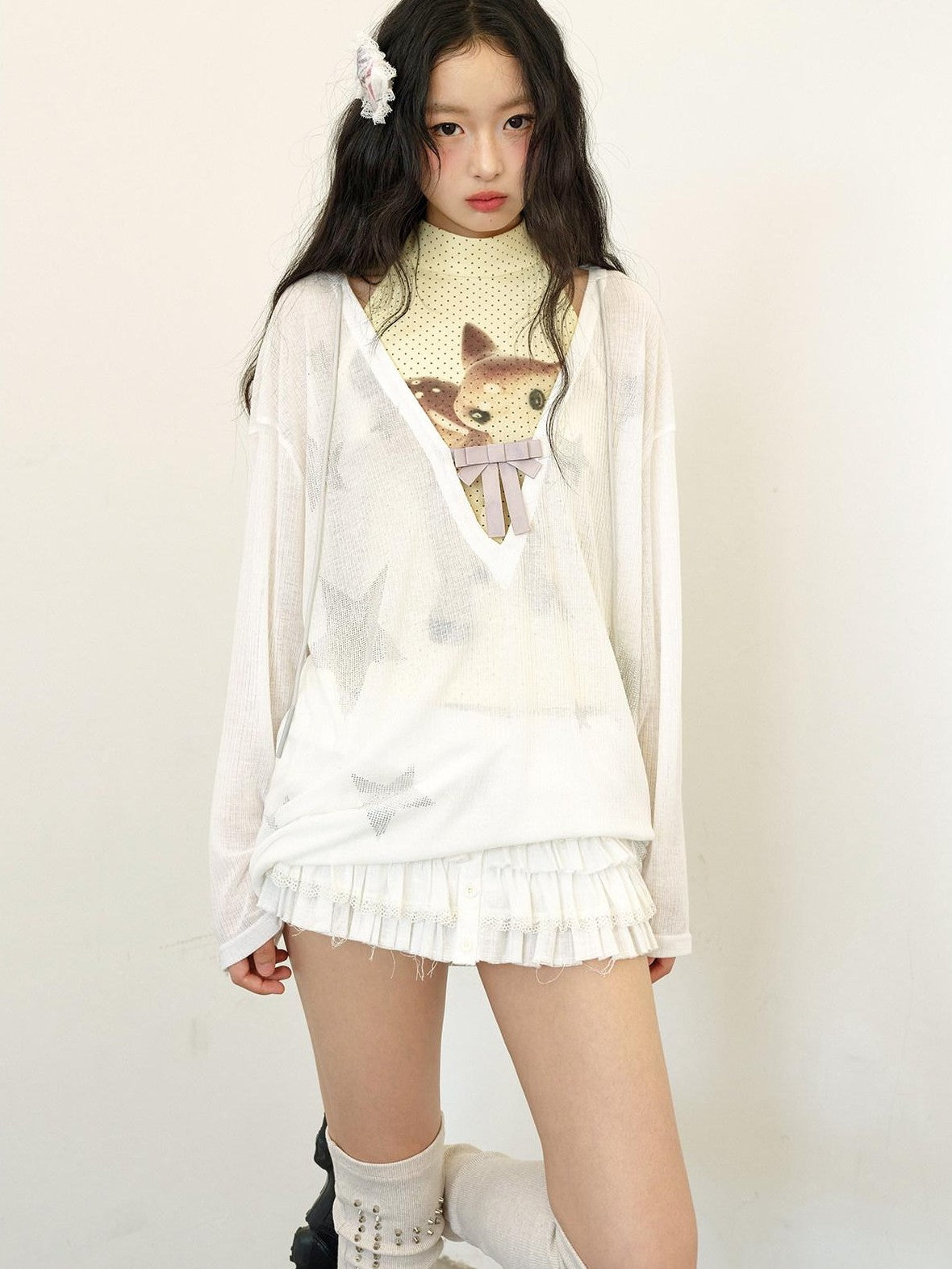 No nuts Star Rhinestone V-neck Bow Mesh Loose Women's Cotton Blend Long Sleeve T-shirts