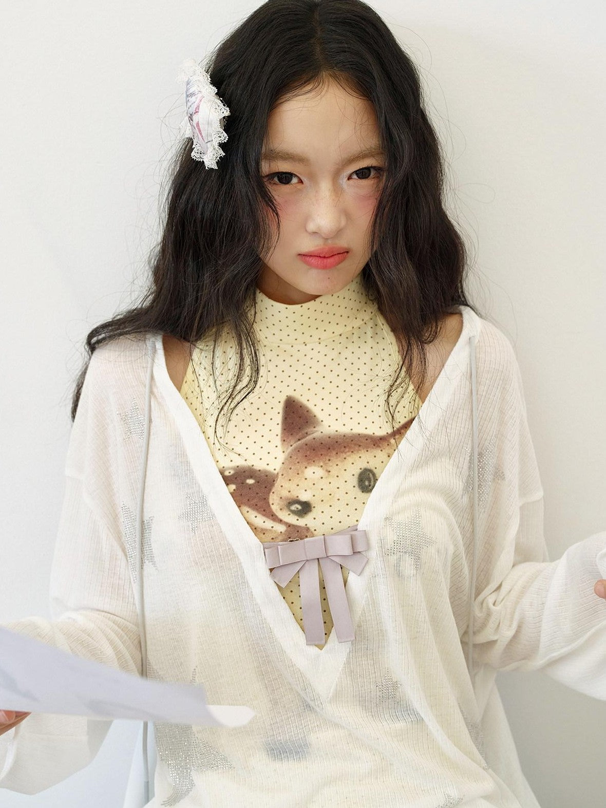 No nuts Star Rhinestone V-neck Bow Mesh Loose Women's Cotton Blend Long Sleeve T-shirts