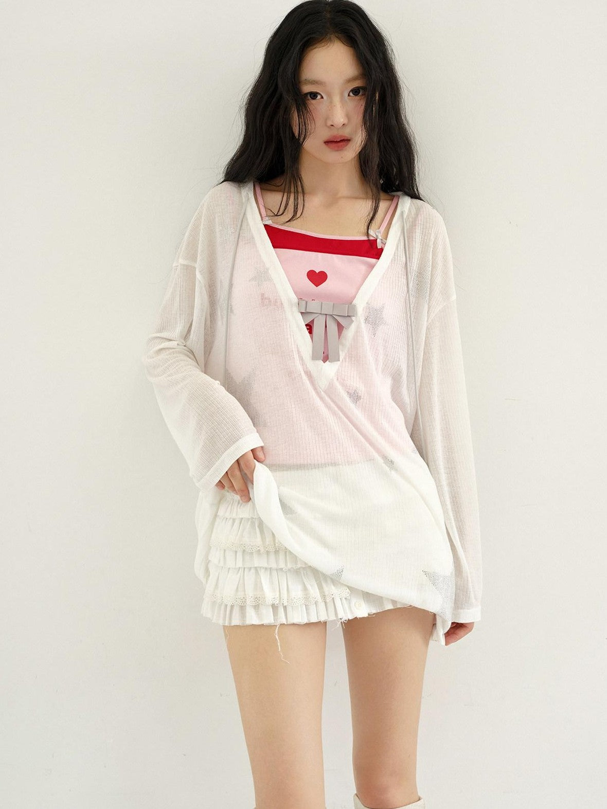 No nuts Star Rhinestone V-neck Bow Mesh Loose Women's Cotton Blend Long Sleeve T-shirts