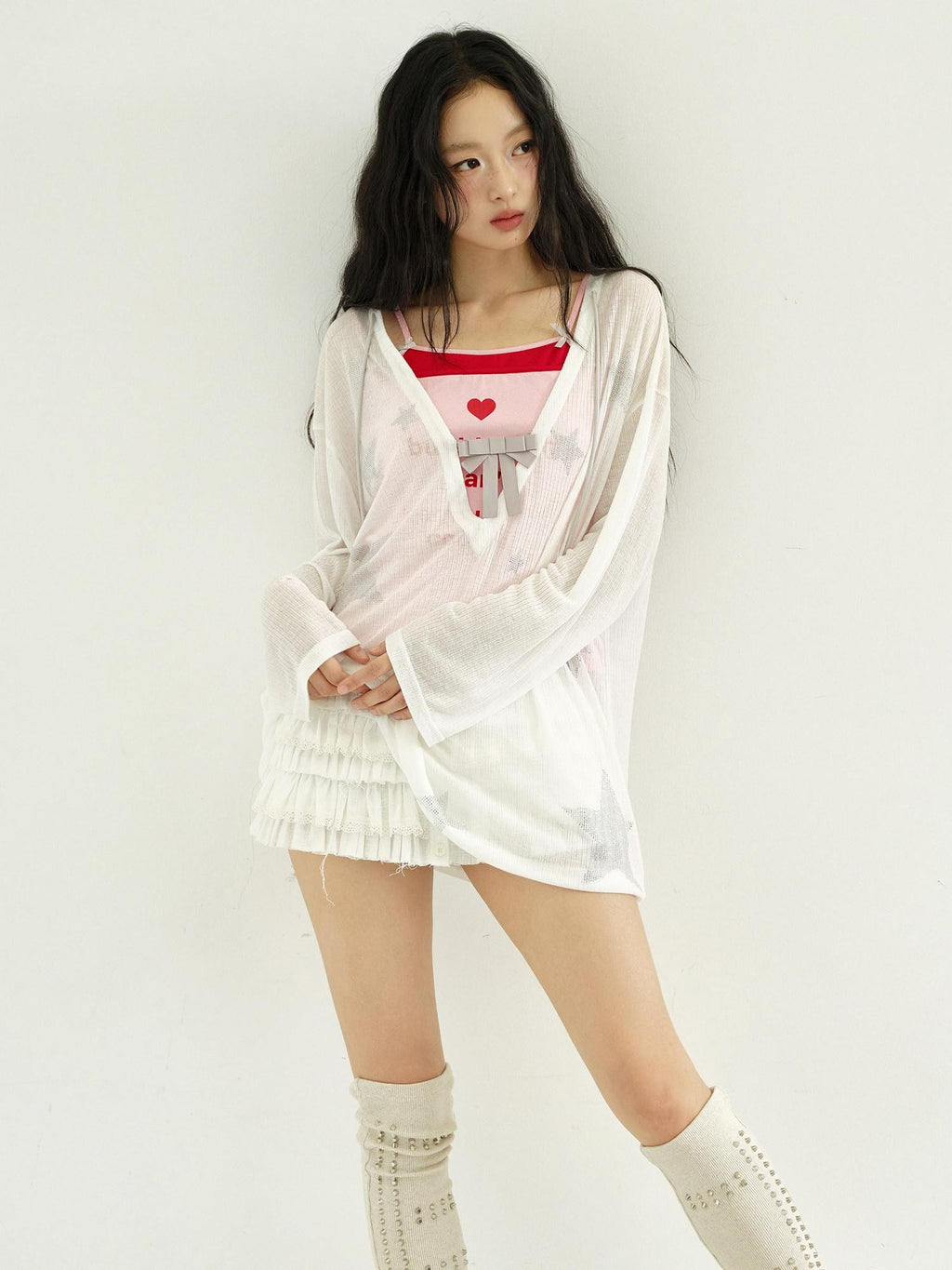 No nuts Star Rhinestone V-neck Bow Mesh Loose Women's Cotton Blend Long Sleeve T-shirts