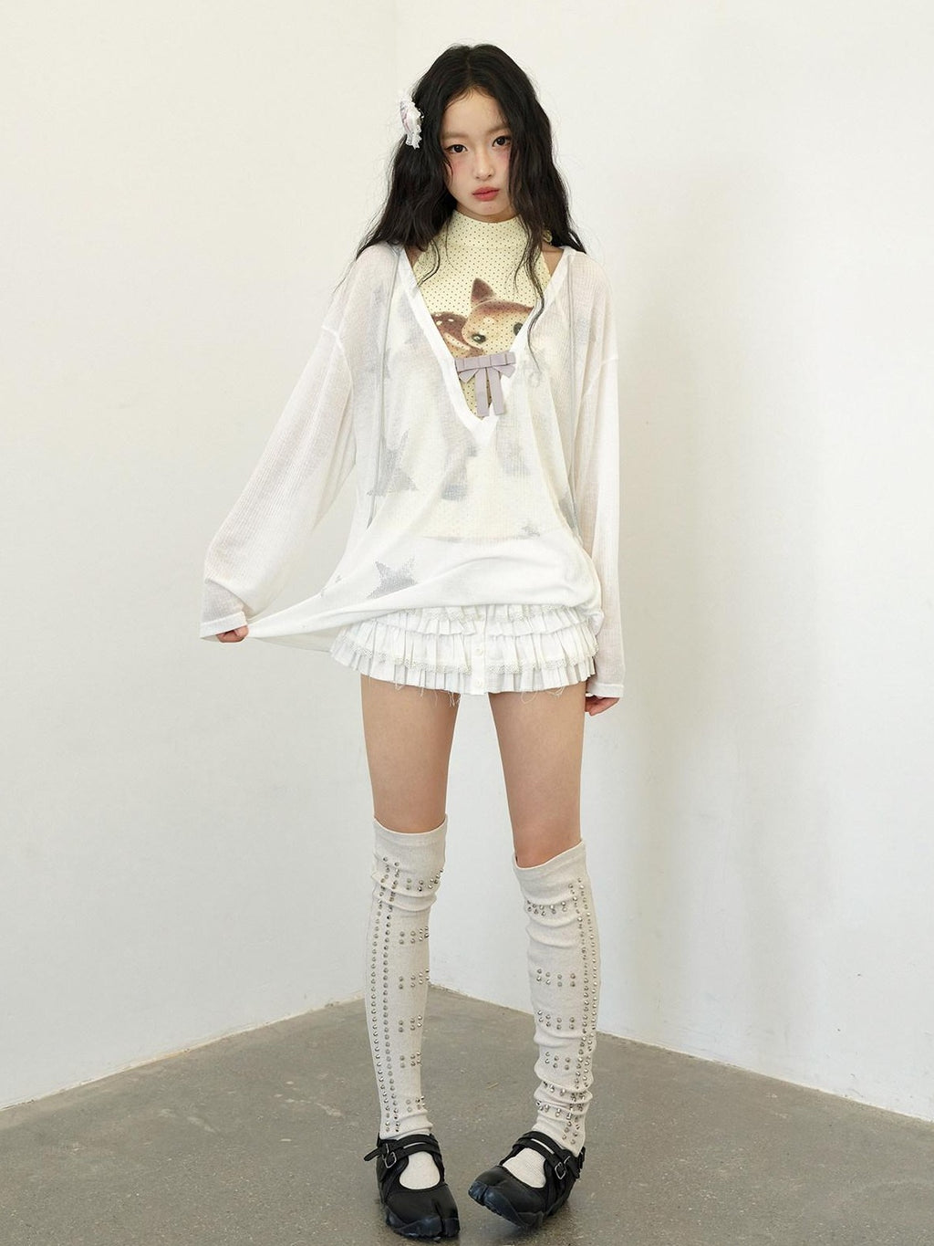No nuts Star Rhinestone V-neck Bow Mesh Loose Women's Cotton Blend Long Sleeve T-shirts
