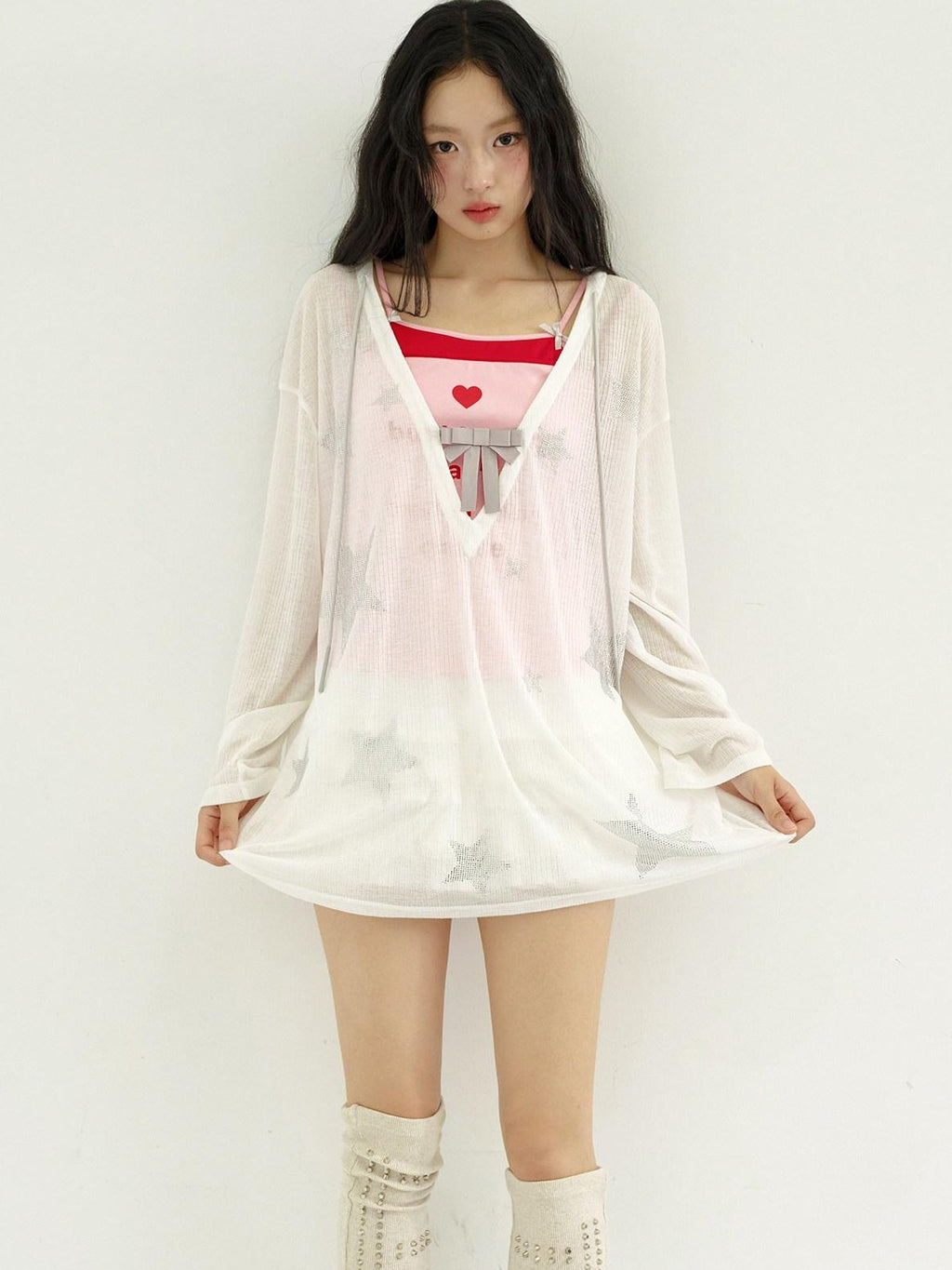 No nuts Star Rhinestone V-neck Bow Mesh Loose Women's Cotton Blend Long Sleeve T-shirts