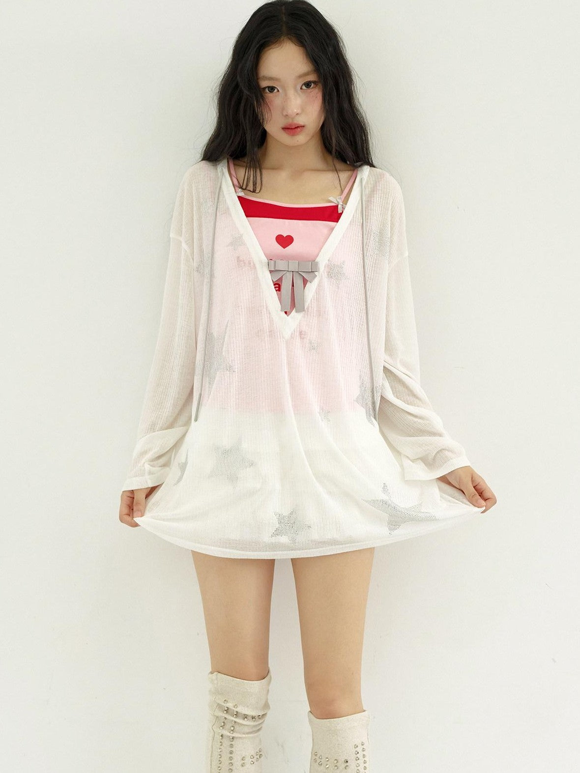 No nuts Star Rhinestone V-neck Bow Mesh Loose Women's Cotton Blend Long Sleeve T-shirts