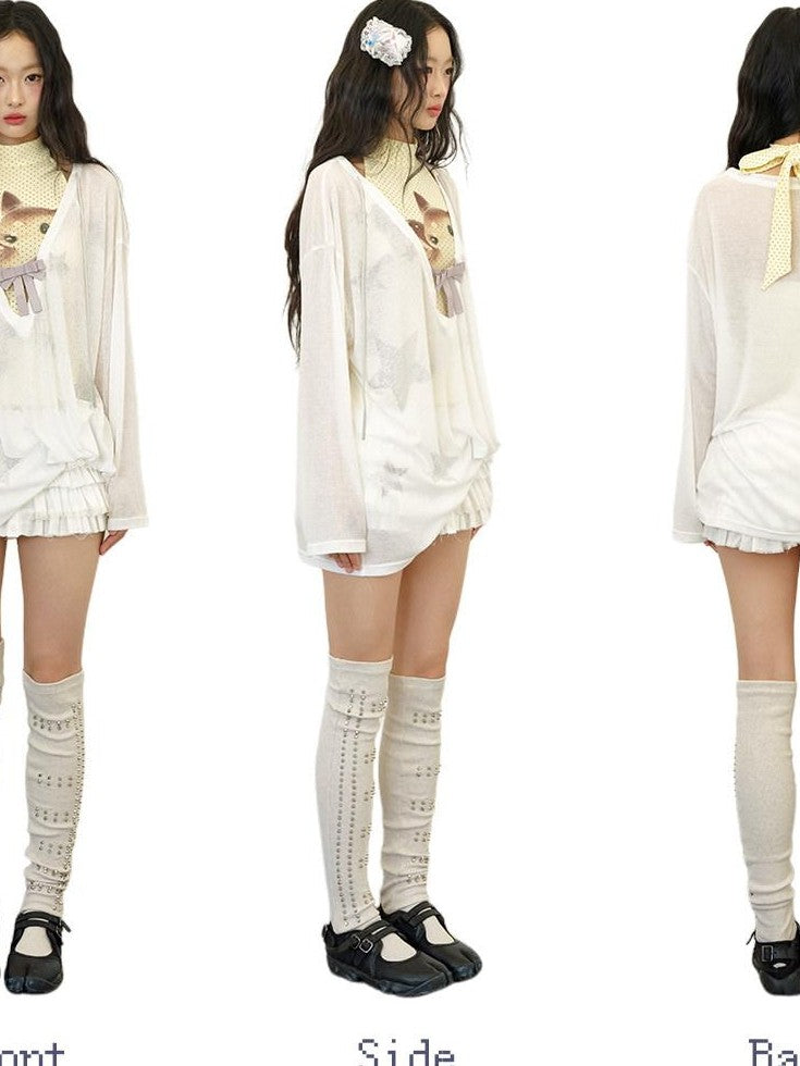 No nuts Star Rhinestone V-neck Bow Mesh Loose Women's Cotton Blend Long Sleeve T-shirts