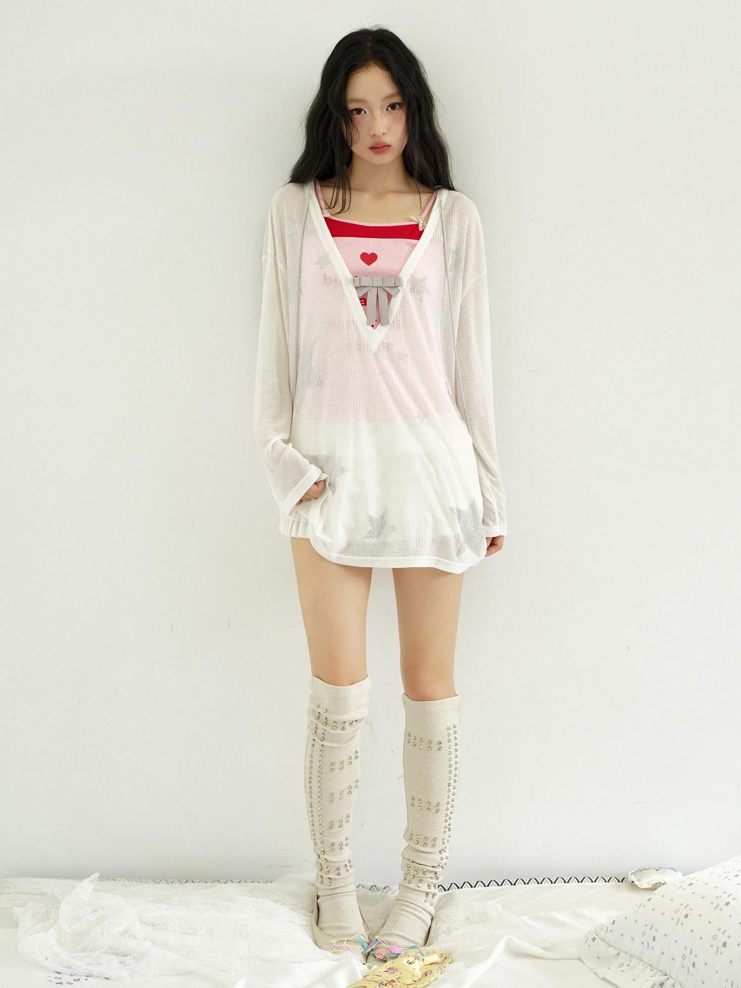 No nuts Star Rhinestone V-neck Bow Mesh Loose Women's Cotton Blend Long Sleeve T-shirts