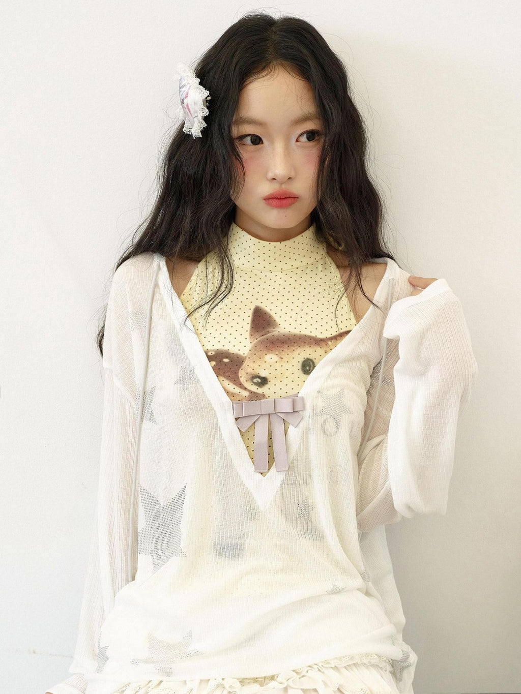 No nuts Star Rhinestone V-neck Bow Mesh Loose Women's Cotton Blend Long Sleeve T-shirts