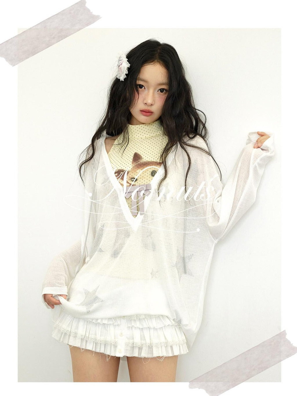 No nuts Star Rhinestone V-neck Bow Mesh Loose Women's Cotton Blend Long Sleeve T-shirts