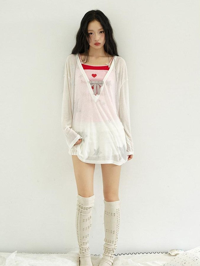 No nuts Star Rhinestone V-neck Bow Mesh Loose Women's Cotton Blend Long Sleeve T-shirts