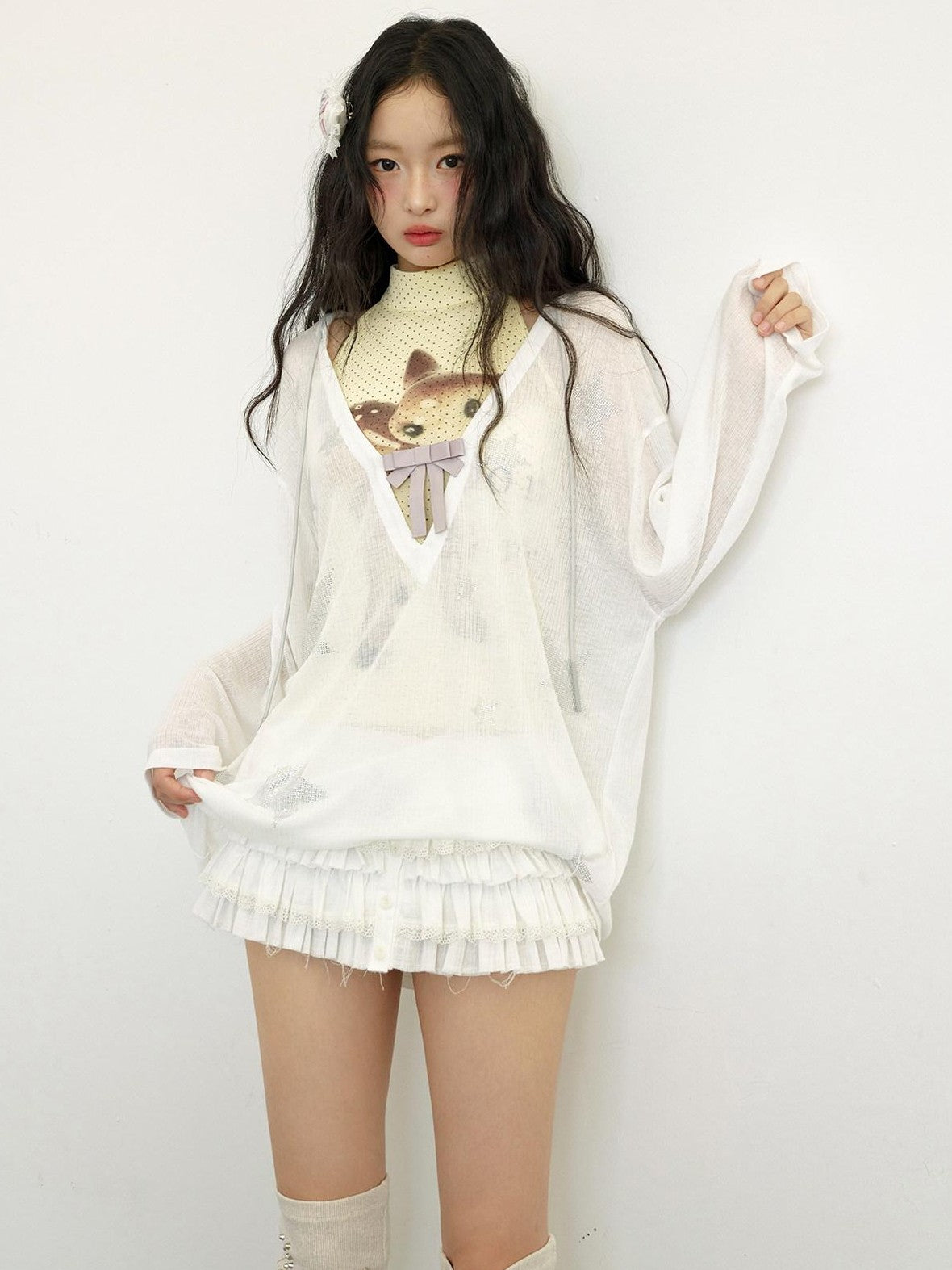 No nuts Star Rhinestone V-neck Bow Mesh Loose Women's Cotton Blend Long Sleeve T-shirts