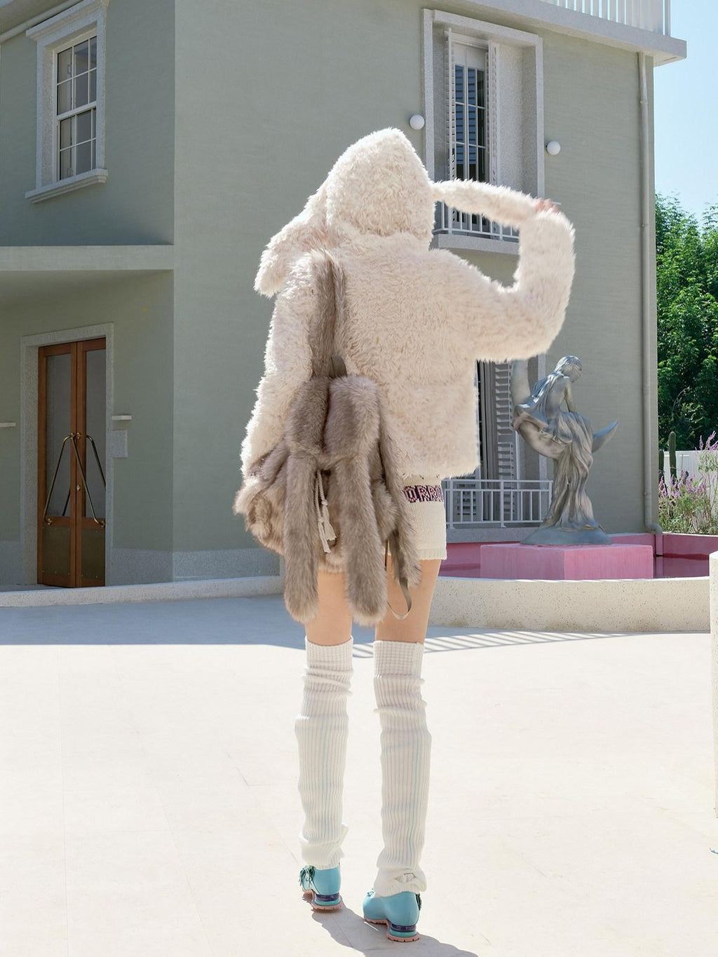 No nuts Studded Bow Rabbit Ear Fluffy Women's Eco Polyester Lined Faux Fur Coats