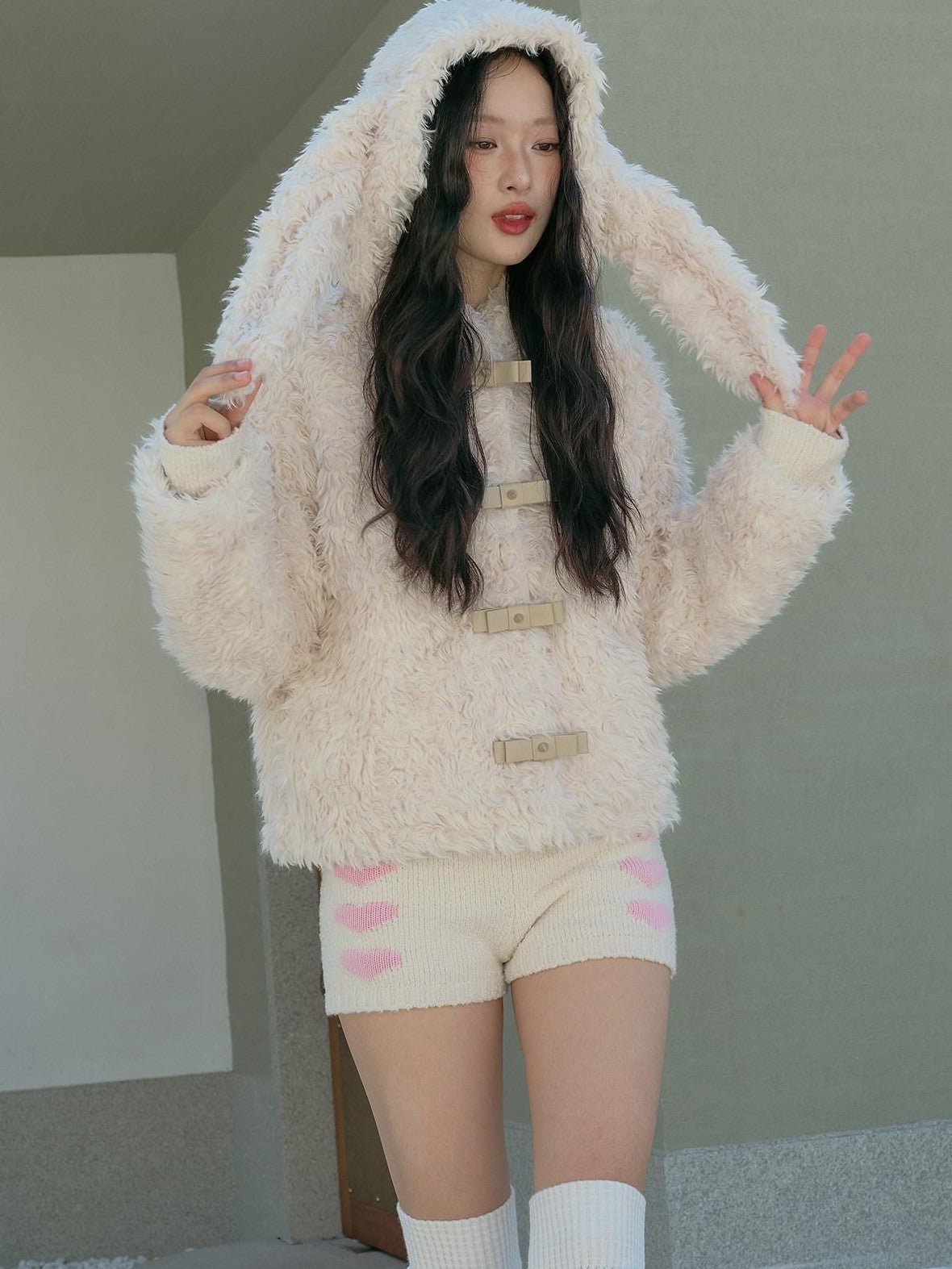 No nuts Studded Bow Rabbit Ear Fluffy Women's Eco Polyester Lined Faux Fur Coats