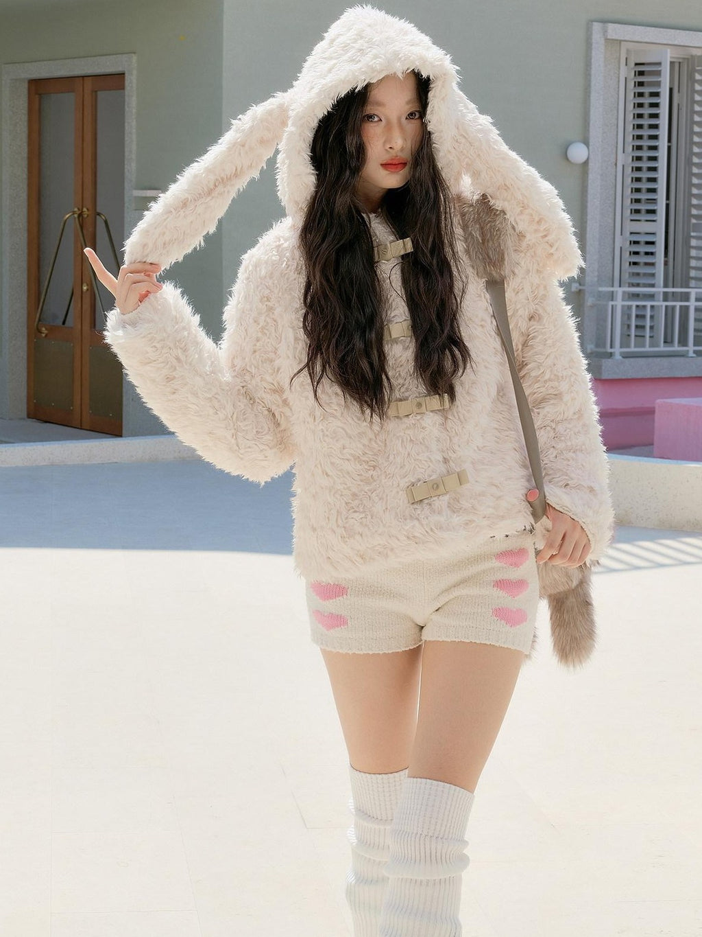 No nuts Studded Bow Rabbit Ear Fluffy Women's Eco Polyester Lined Faux Fur Coats