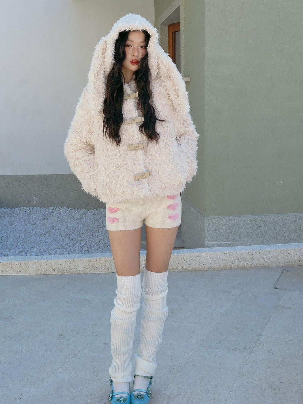 No nuts Studded Bow Rabbit Ear Fluffy Women's Eco Polyester Lined Faux Fur Coats