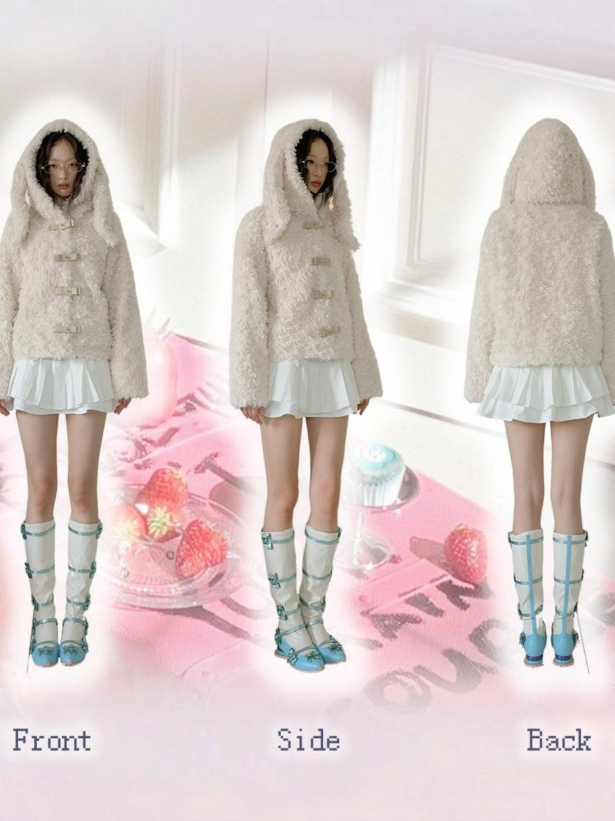 No nuts Studded Bow Rabbit Ear Fluffy Women's Eco Polyester Lined Faux Fur Coats