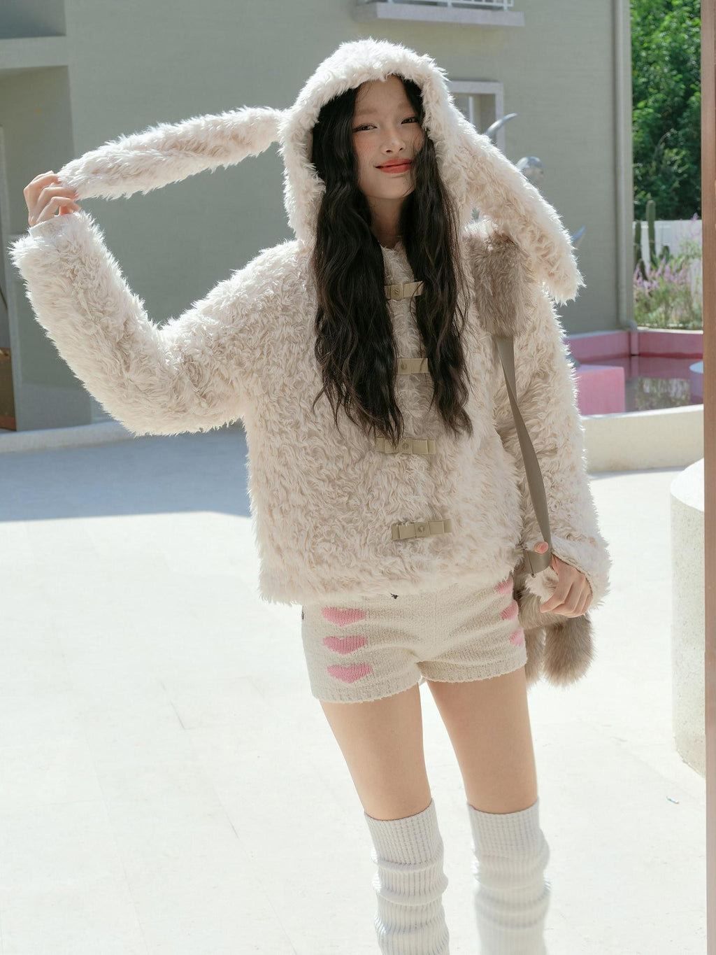 No nuts Studded Bow Rabbit Ear Fluffy Women's Eco Polyester Lined Faux Fur Coats