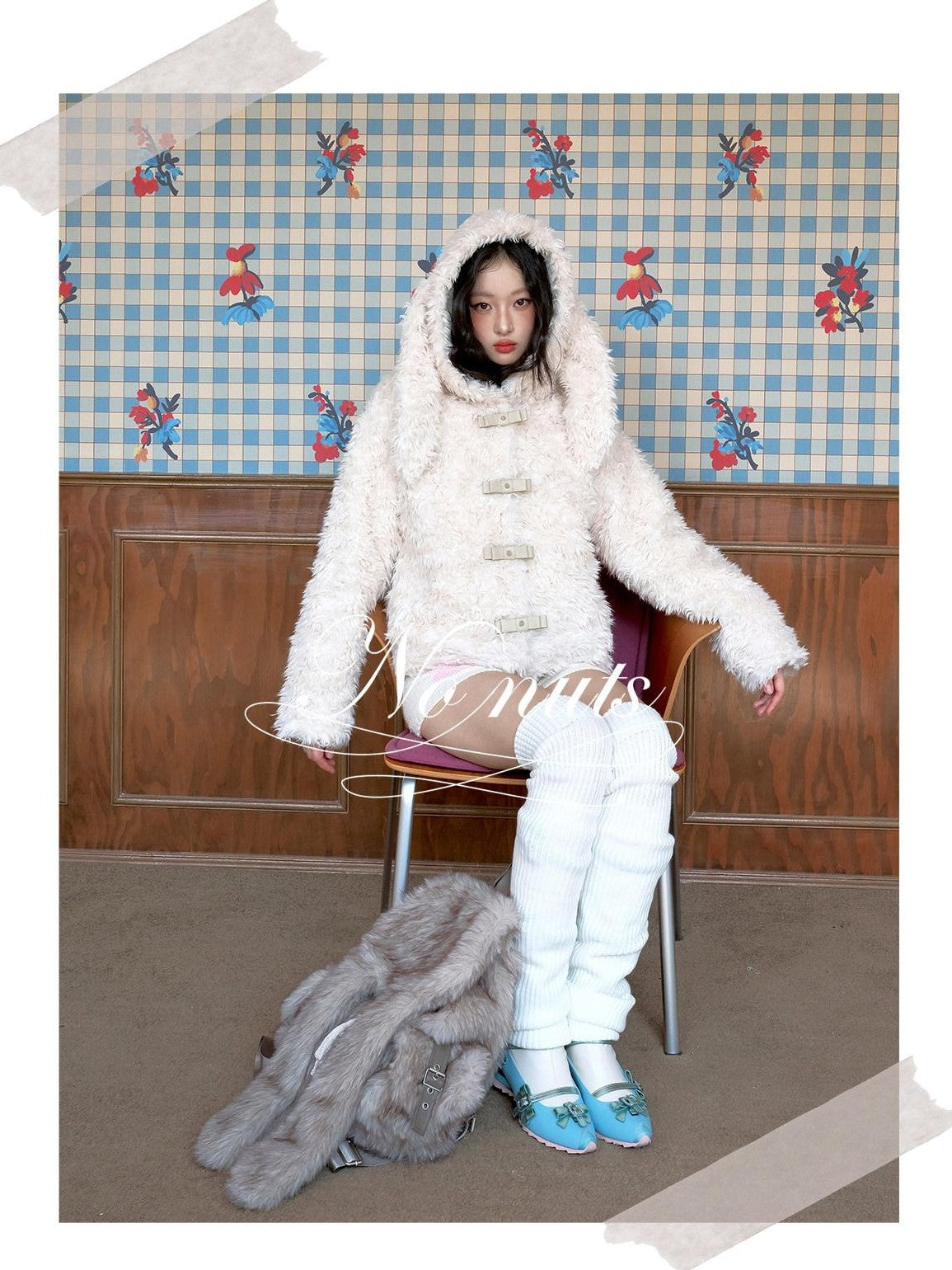 No nuts Studded Bow Rabbit Ear Fluffy Women's Eco Polyester Lined Faux Fur Coats