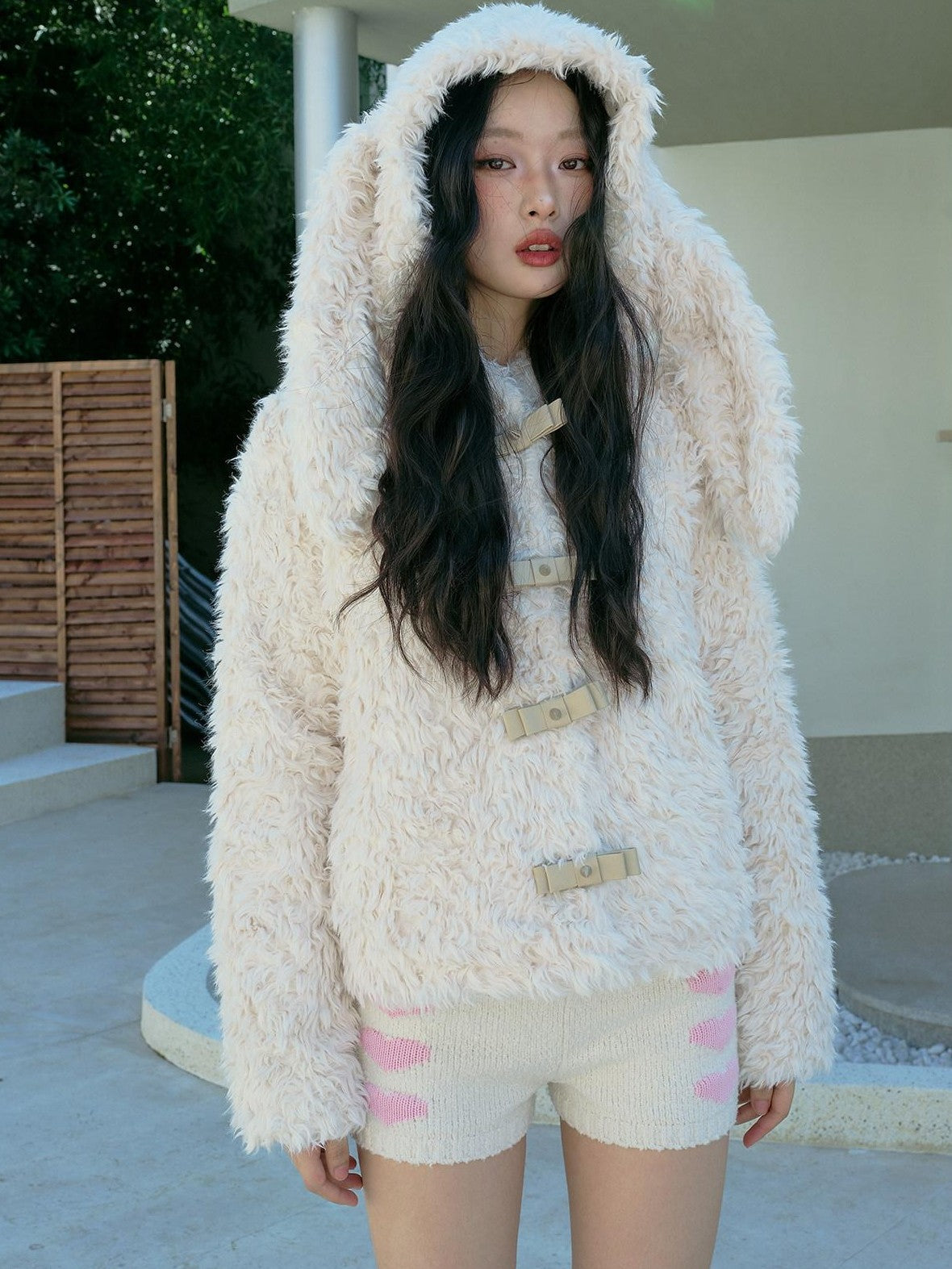 No nuts Studded Bow Rabbit Ear Fluffy Women's Eco Polyester Lined Faux Fur Coats