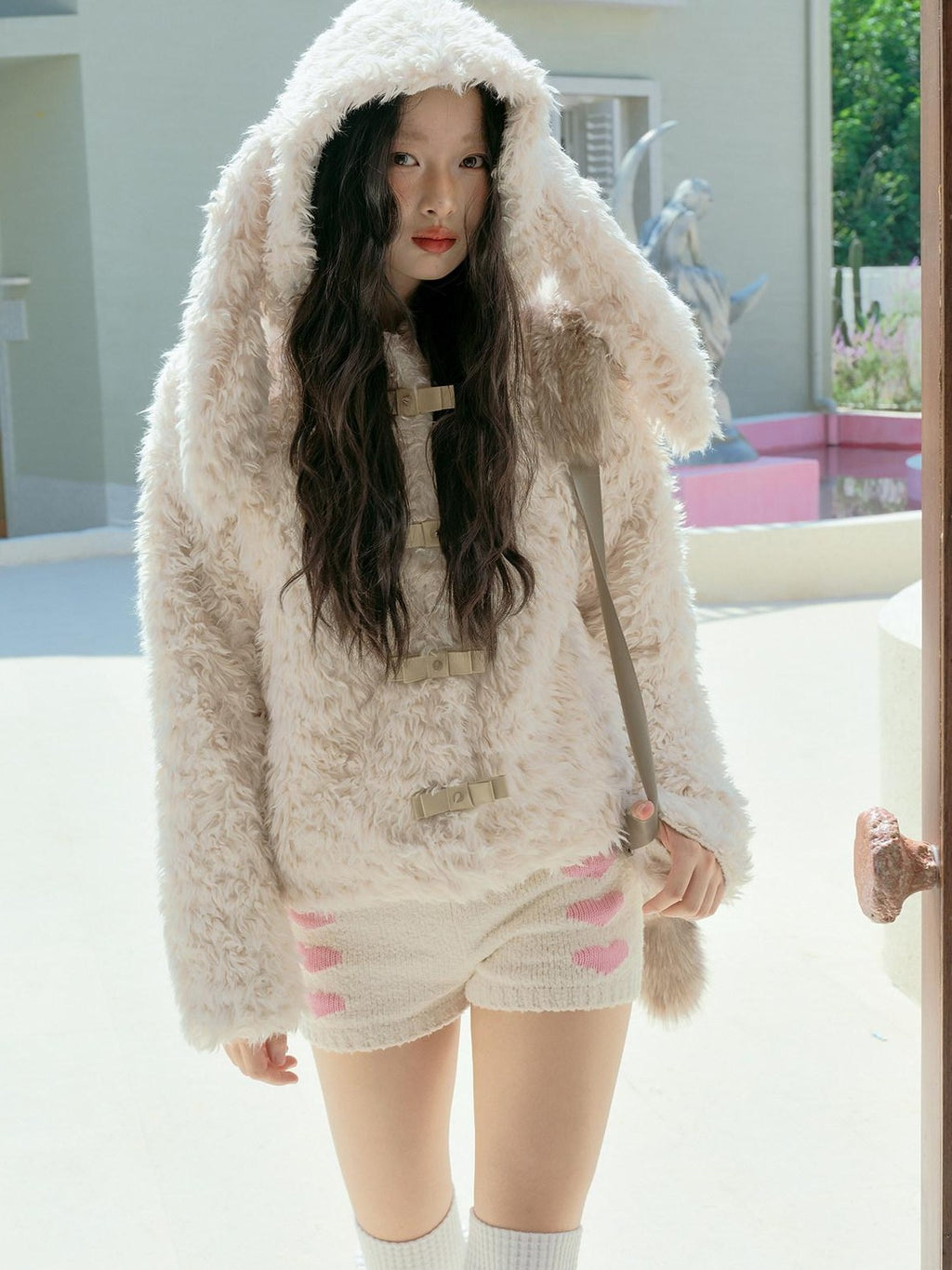 No nuts Studded Bow Rabbit Ear Fluffy Women's Eco Polyester Lined Faux Fur Coats