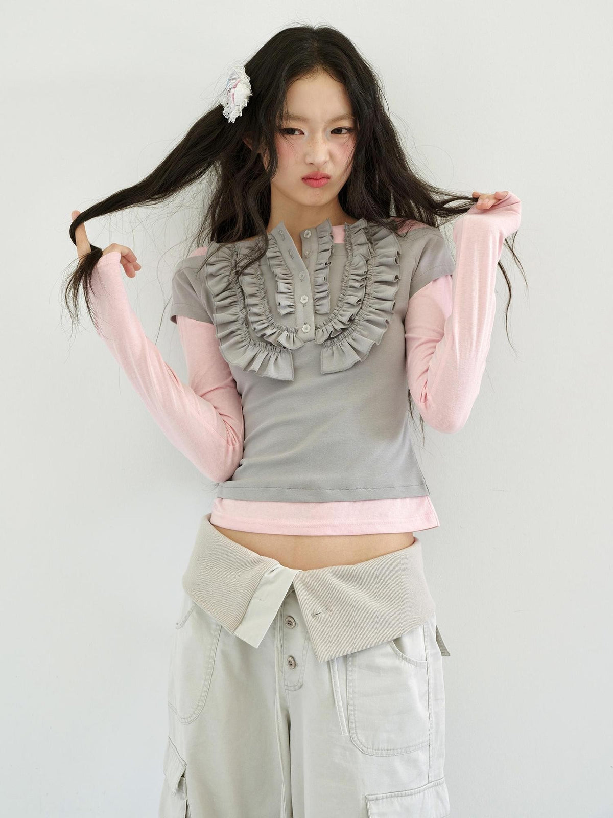 No nuts Two Tone Color Block Lace Trim Slimming Knit Women's Cotton Long Sleeve T-shirts